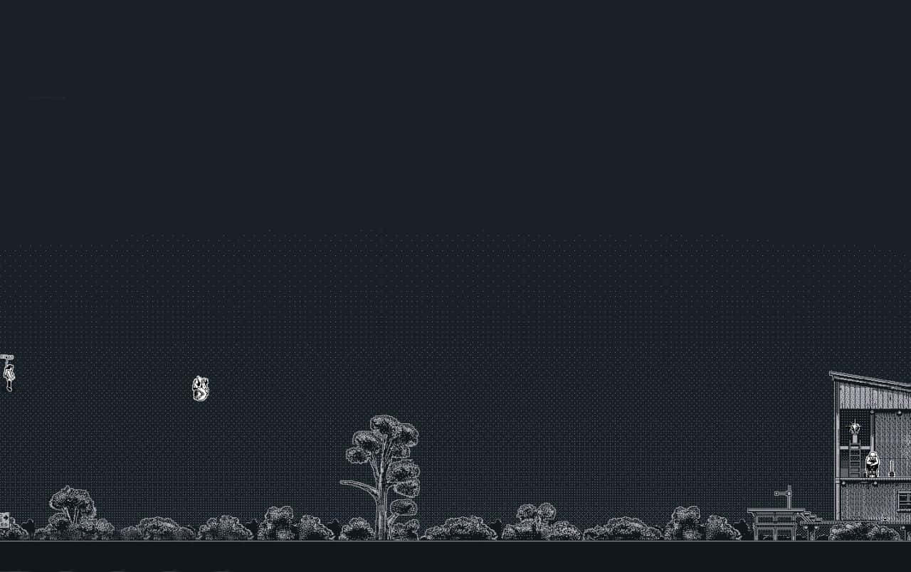 黑色復古 Beyond Dark Castle 壁紙 — 夜晚的極簡像素藝術風景，有一棵孤樹、灌木叢和一座小建築，在黑暗的天空下。