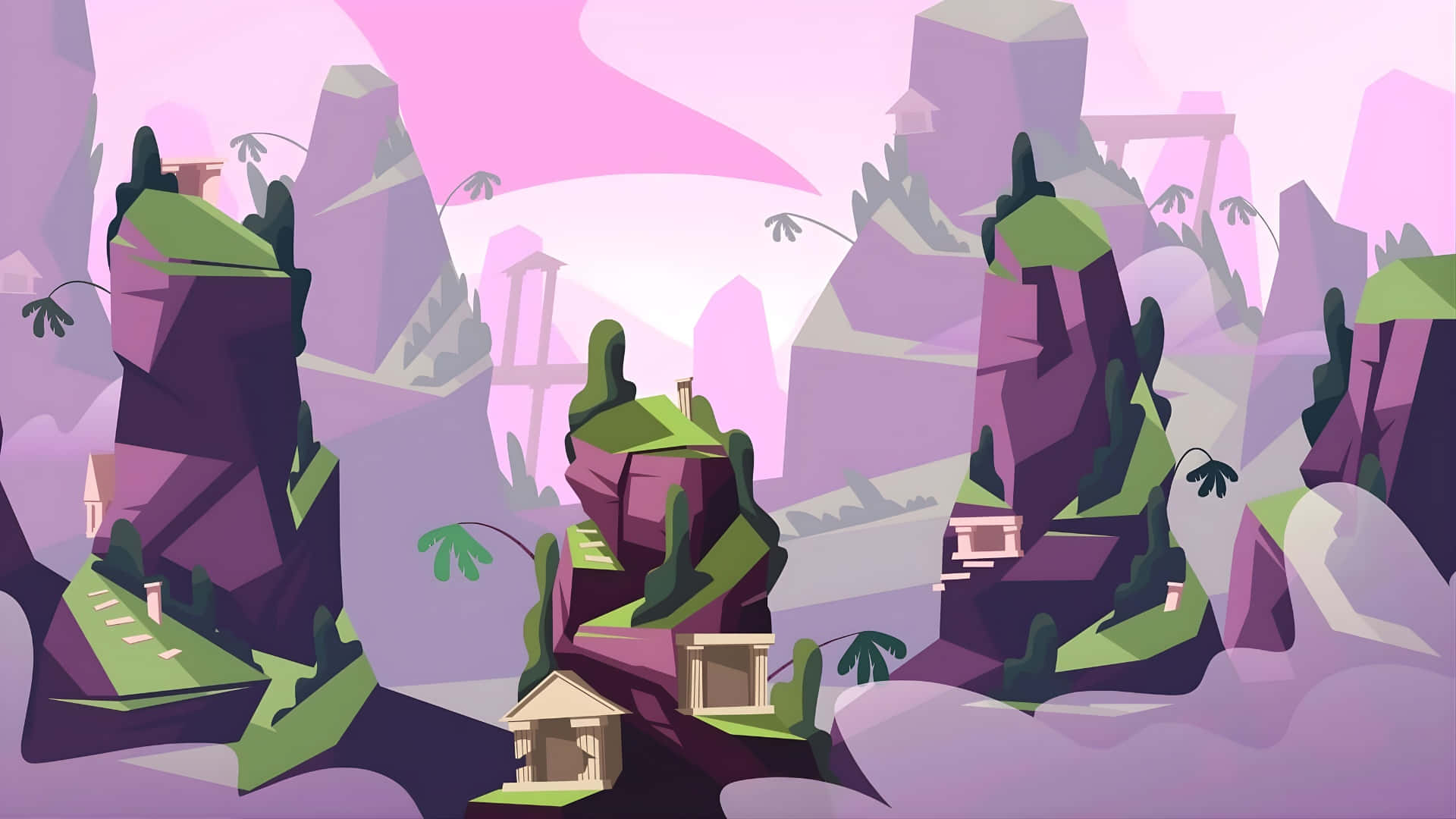 Bfdi 島嶼風景 壁紙 — 一個風格化的紫色和綠色峽谷景觀，浮動房屋坐落在崎嶇的岩石 formations 之間，在柔和的粉紅色天空下。