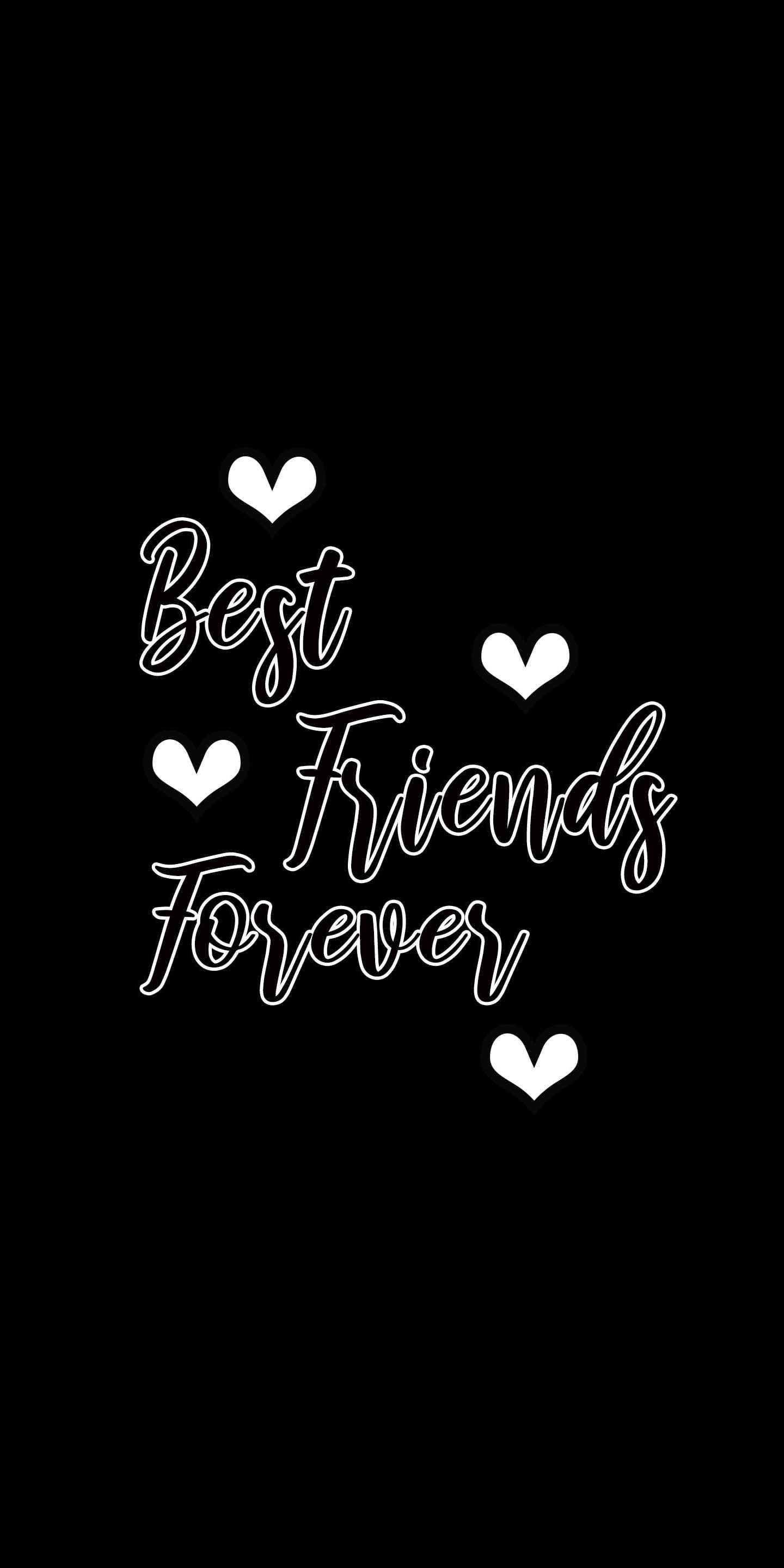 BFF 黑白藝術 壁紙 — 白色草書文字寫著「Best Friends Forever」，周圍環繞著心形圖案，背景為純黑色。