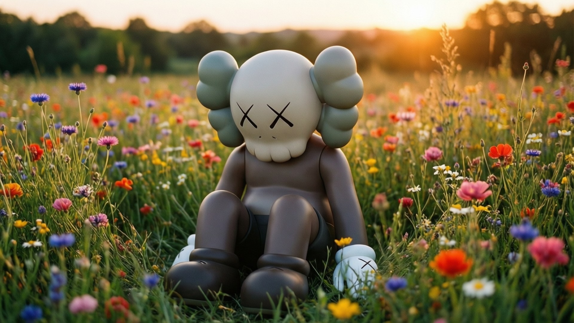 KAWS 乙烯基公仔坐在夕陽下五顏六色的野花田中