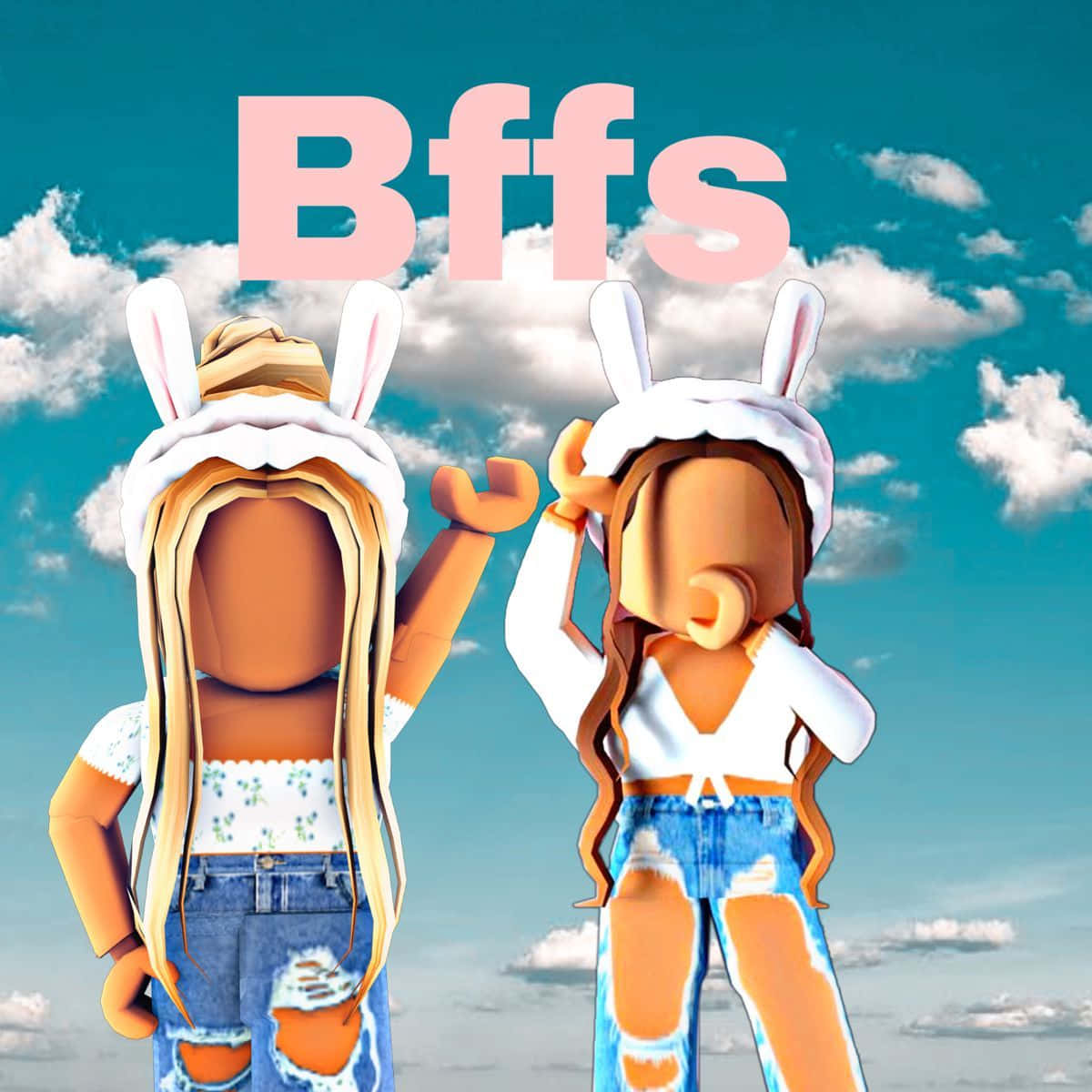 BFF們在Roblox上一起玩！ 壁紙 — 兩個 Roblox 風格的朋友戴著兔子帽，在藍天白雲和粉紅色「Bffs」文字前愉快地揮手。