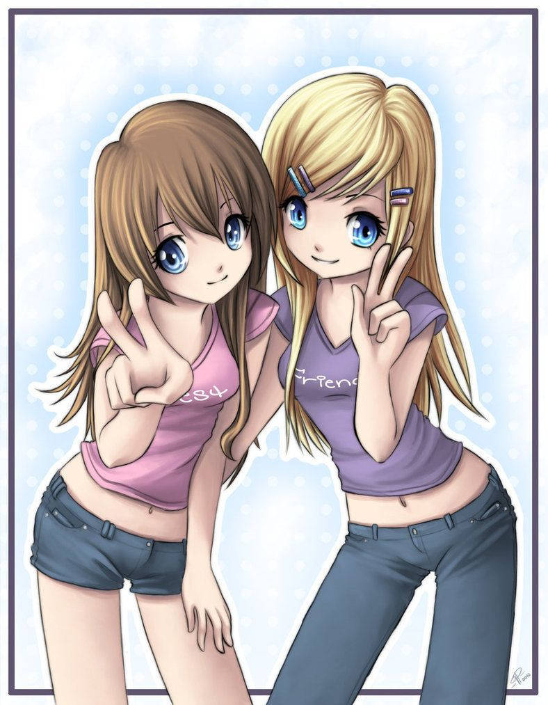 兩個穿著休閒服的動漫女孩，用明亮的藍眼睛做出和平手勢。
