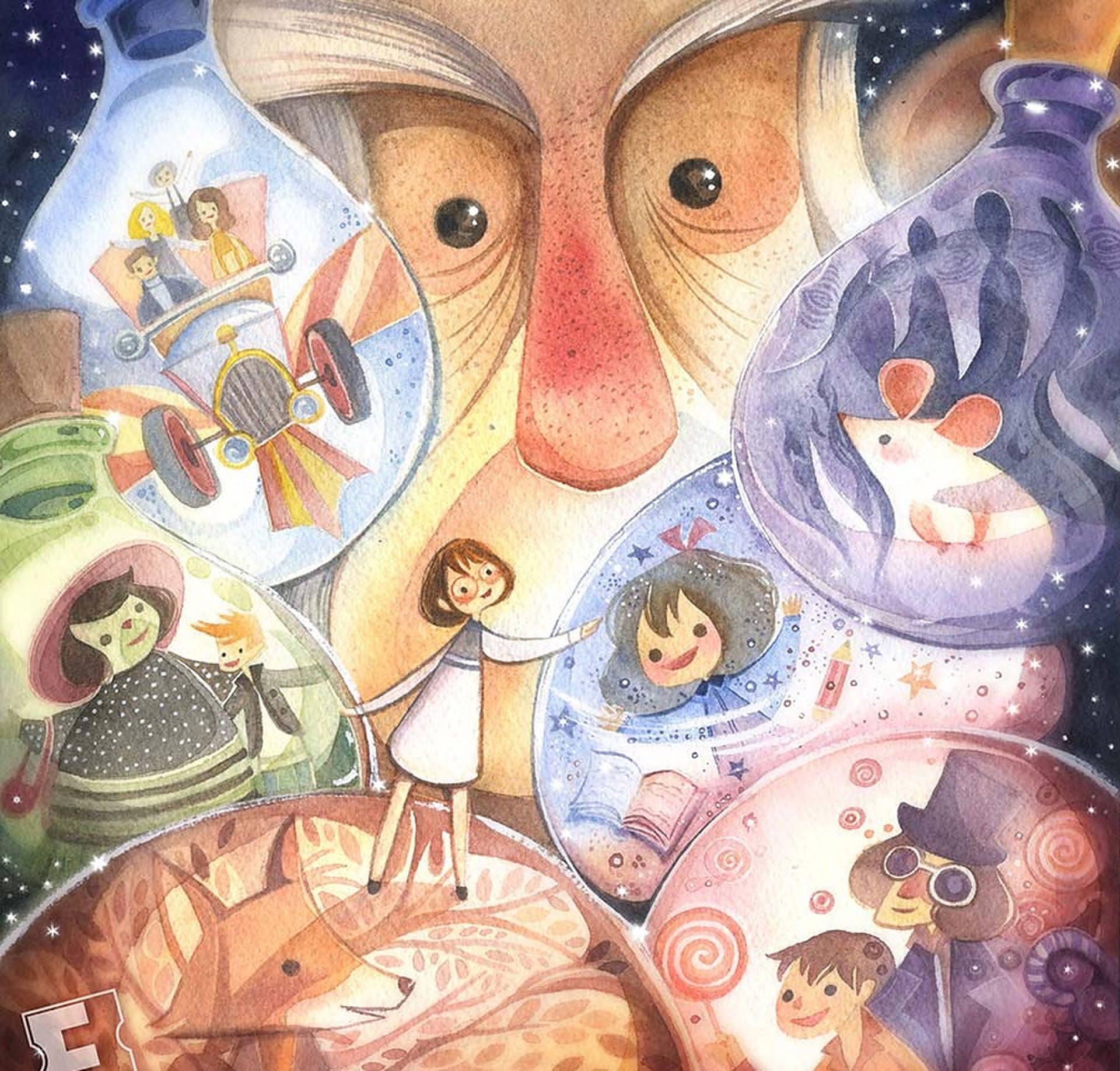 巨大的臉孔手持玻璃瓶，瓶中裝有兒童和動物在星空下的魔法場景。
