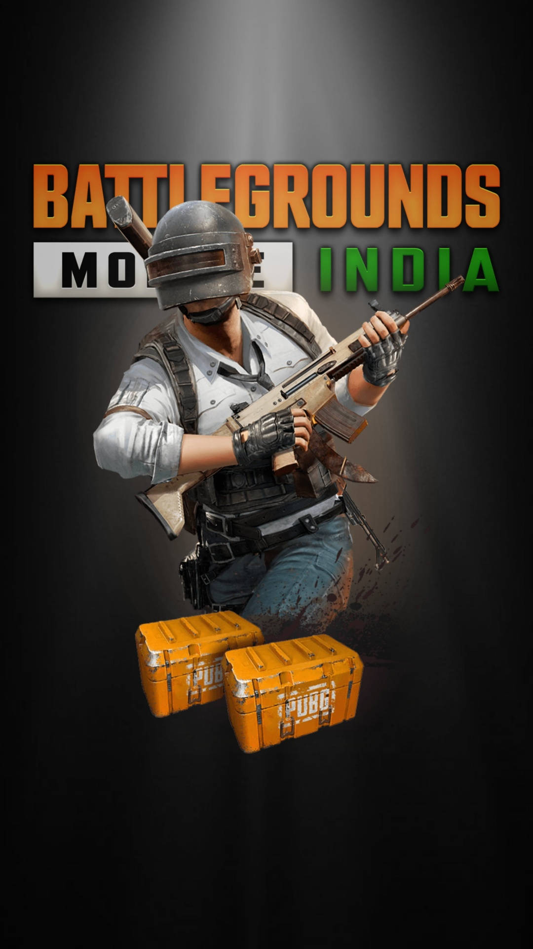 BGMI PUBG軍火箱 壁紙 — 一名戴著頭盔和裝備的士兵手持步槍，下方有兩個橙色補給箱漂浮在黑暗的聚光燈背景下。