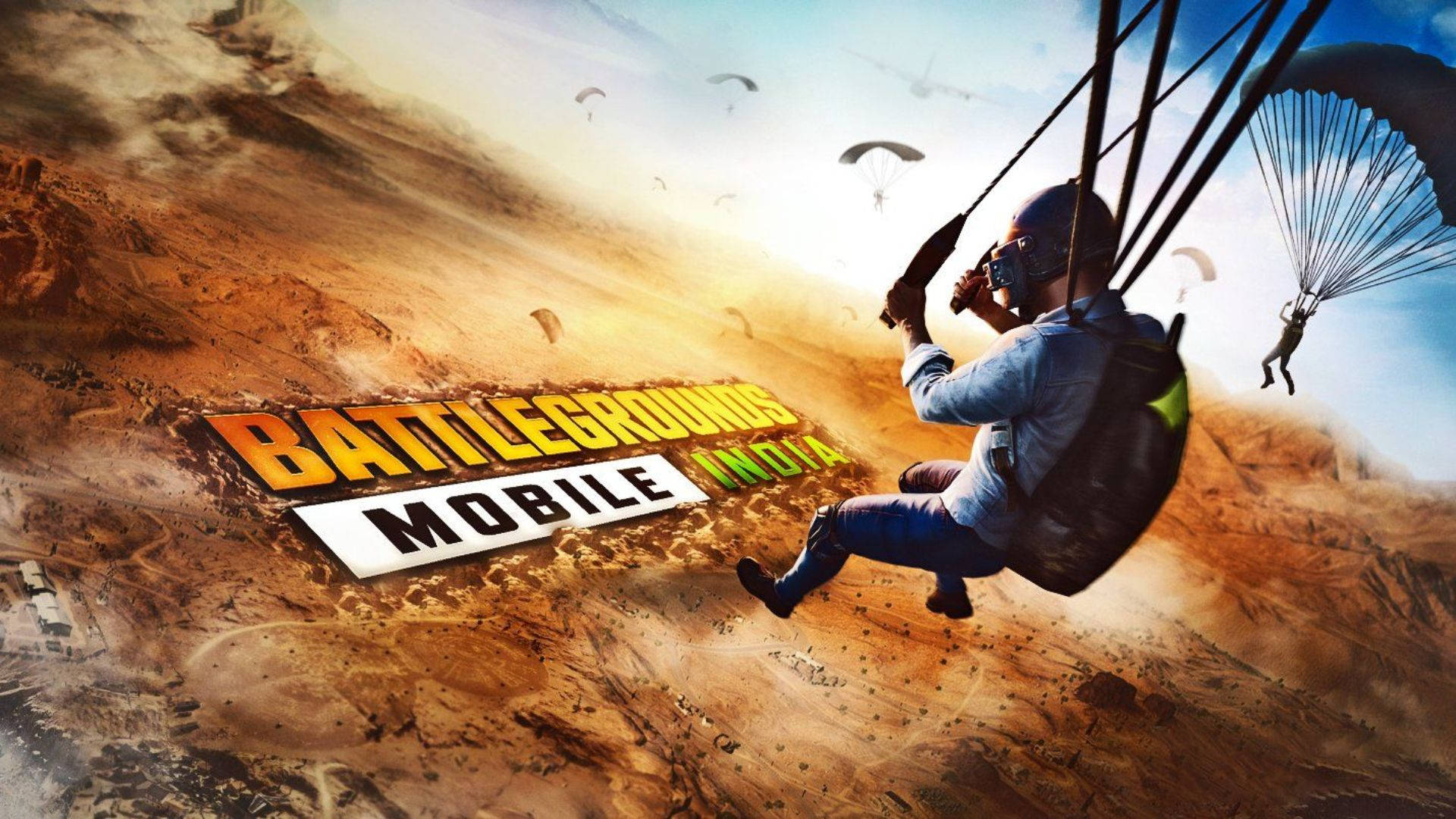 BGMI 傘兵降落 壁紙 — 玩家在廣闊的沙漠景觀上空跳傘，這是Battlegrounds Mobile India的充滿活力的遊戲廣告。