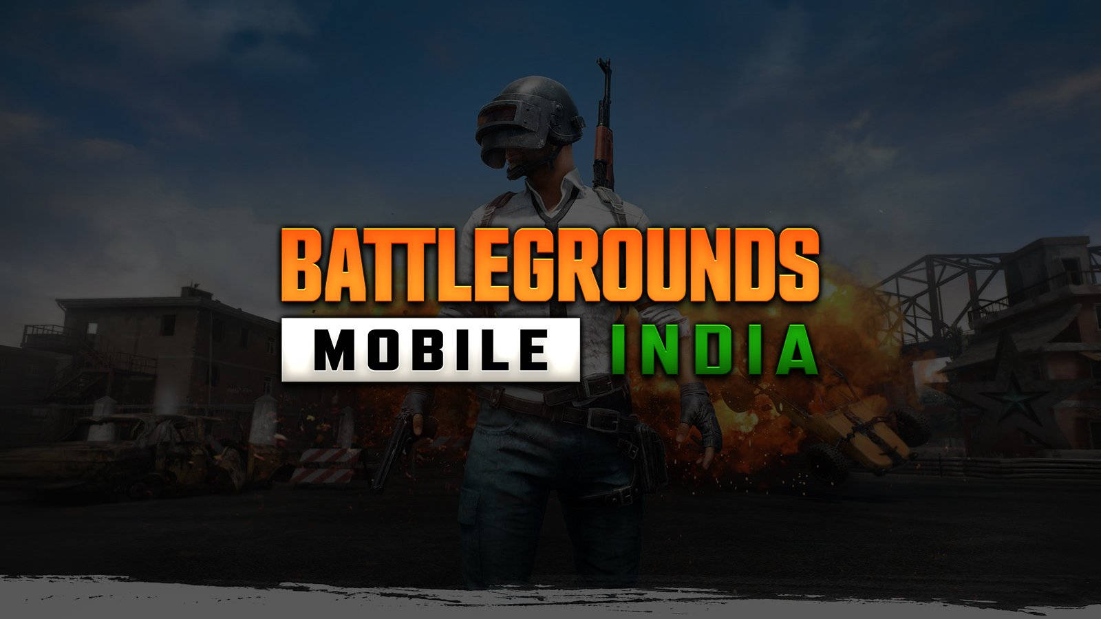 BGMI 遊戲海報 壁紙 — 一名身穿戰鬥裝備的士兵站在猛烈爆炸中，『BATTLEGROUNDS MOBILE INDIA』標誌疊加在戰火摧殘的城市背景上。