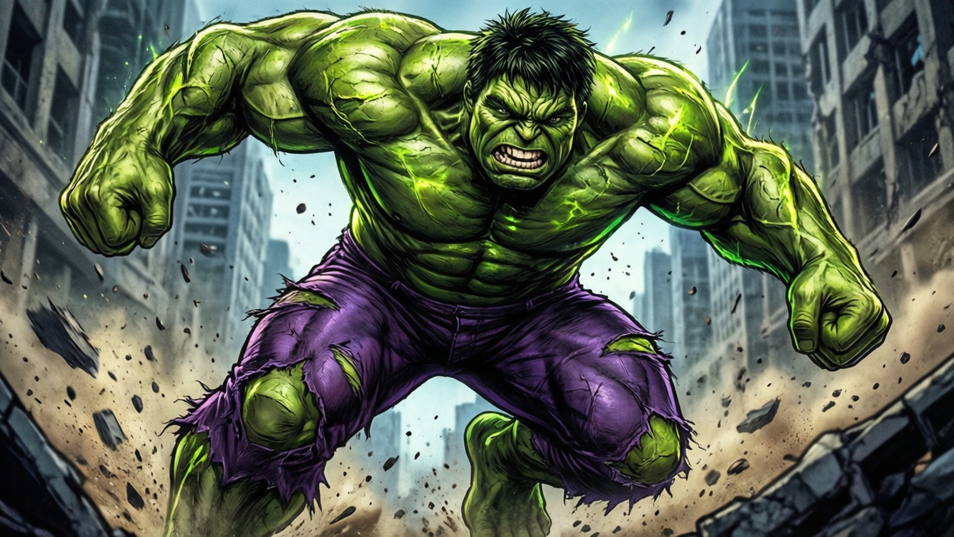 Mark Ruffalo 桌布 壁紙 — 變形俠醫咆哮著，在動態漫畫插圖中衝破城市景觀。