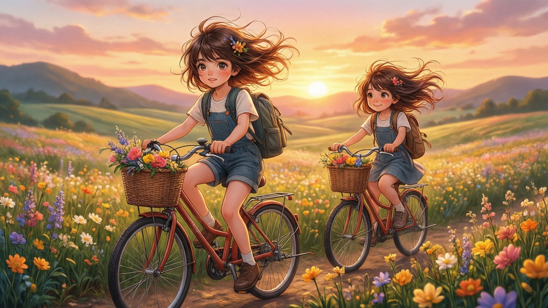 兩個孩子在日落時分騎單車穿過長滿野花的田野。