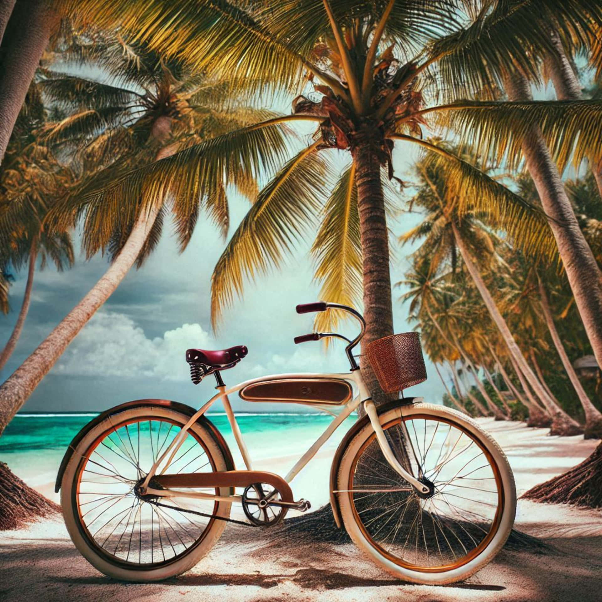 復古自行車靠在熱帶海灘的棕櫚樹上，碧綠海水和多雲天空
