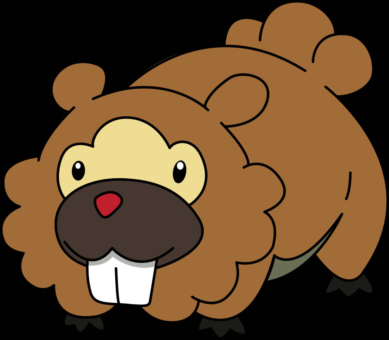 Bidoof 四腳站立 壁紙 — 一隻卡通海狸，有棕色毛髮、黃色臉龐和白色大牙齒，在黑色背景上微笑。
