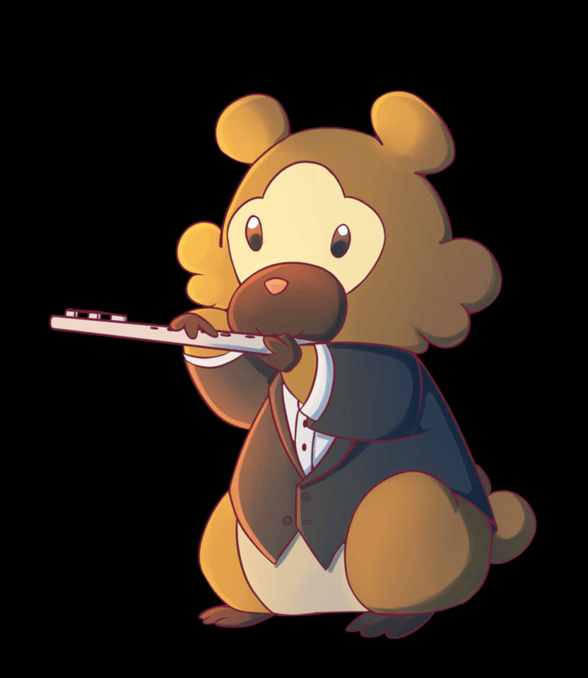一隻穿著西裝的卡通熊在黑色背景上吹奏長笛。