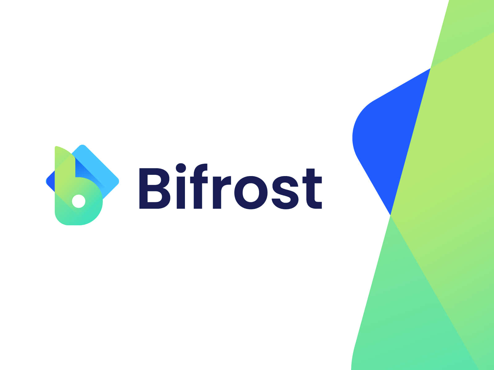  壁紙 — Bifrost 的現代標誌，以漸變綠色和藍色的風格化「b」為特色，白色背景上帶有抽象幾何形狀。
