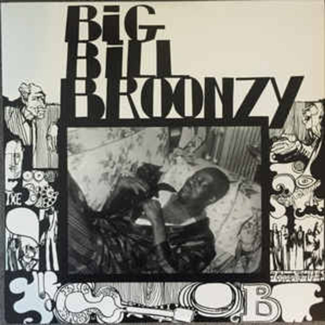 美國藍調音樂家 Big Bill Broonzy 的復古海報 壁紙 — 復古爵士專輯封面，黑白照片中一名男子彈奏鋼琴，周圍環繞著風格化的圖形元素。