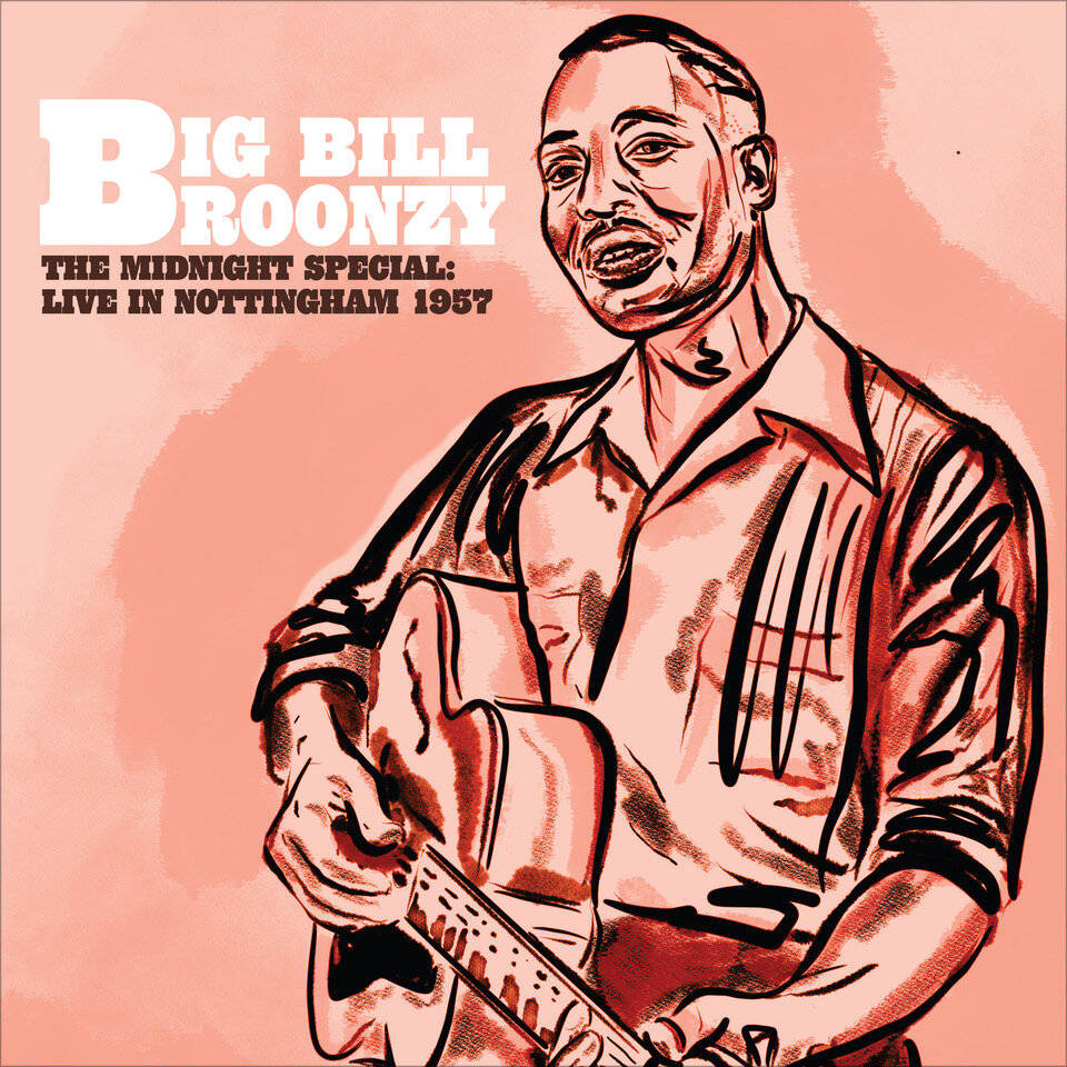 Big Bill Broonzy 在粉紅色背景上彈結他，帶有粗黑的線條。