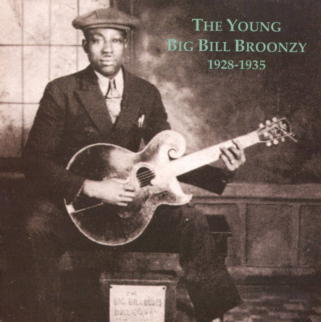 年輕時的 Big Bill Broonzy 壁紙 — 年輕的Big Bill Broonzy在復古棕褐色調肖像中手持結他，並有文字疊加。