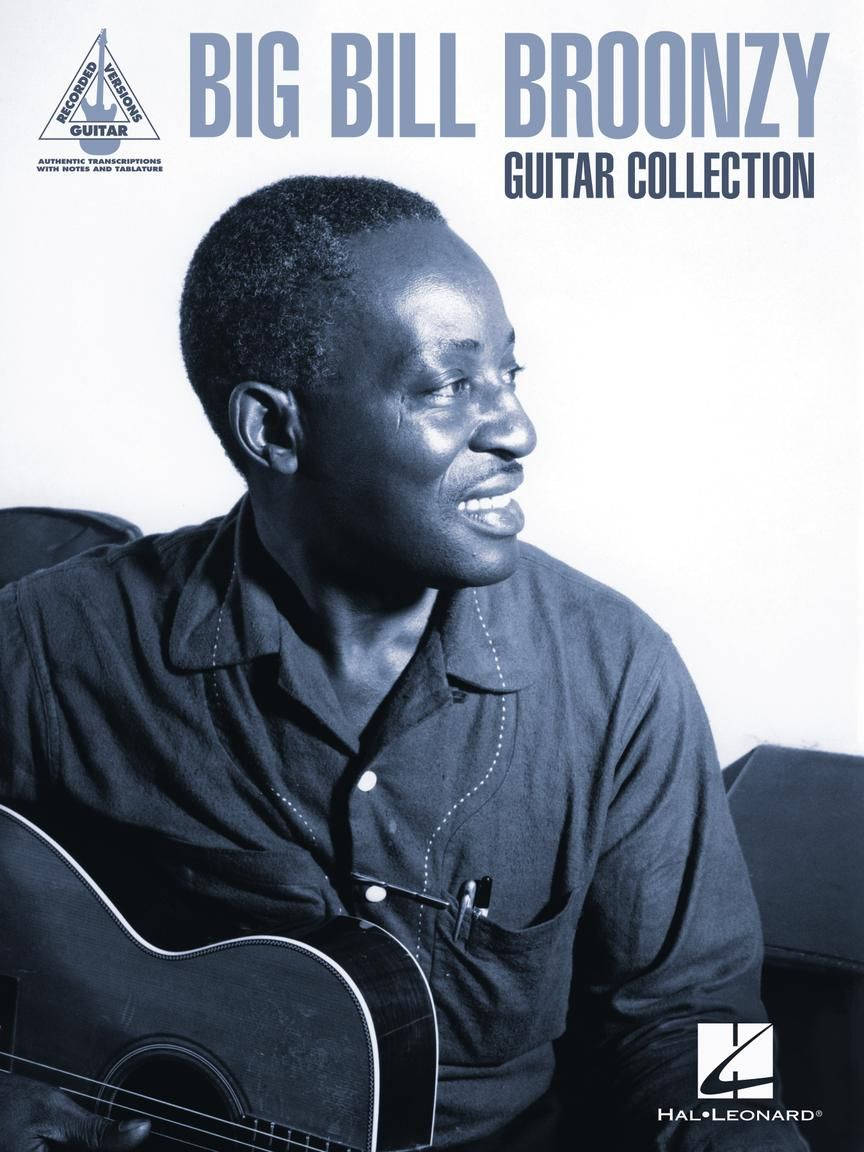 音樂家 Big Bill Broonzy 手持原聲結他並帶有書本封面文字的肖像。