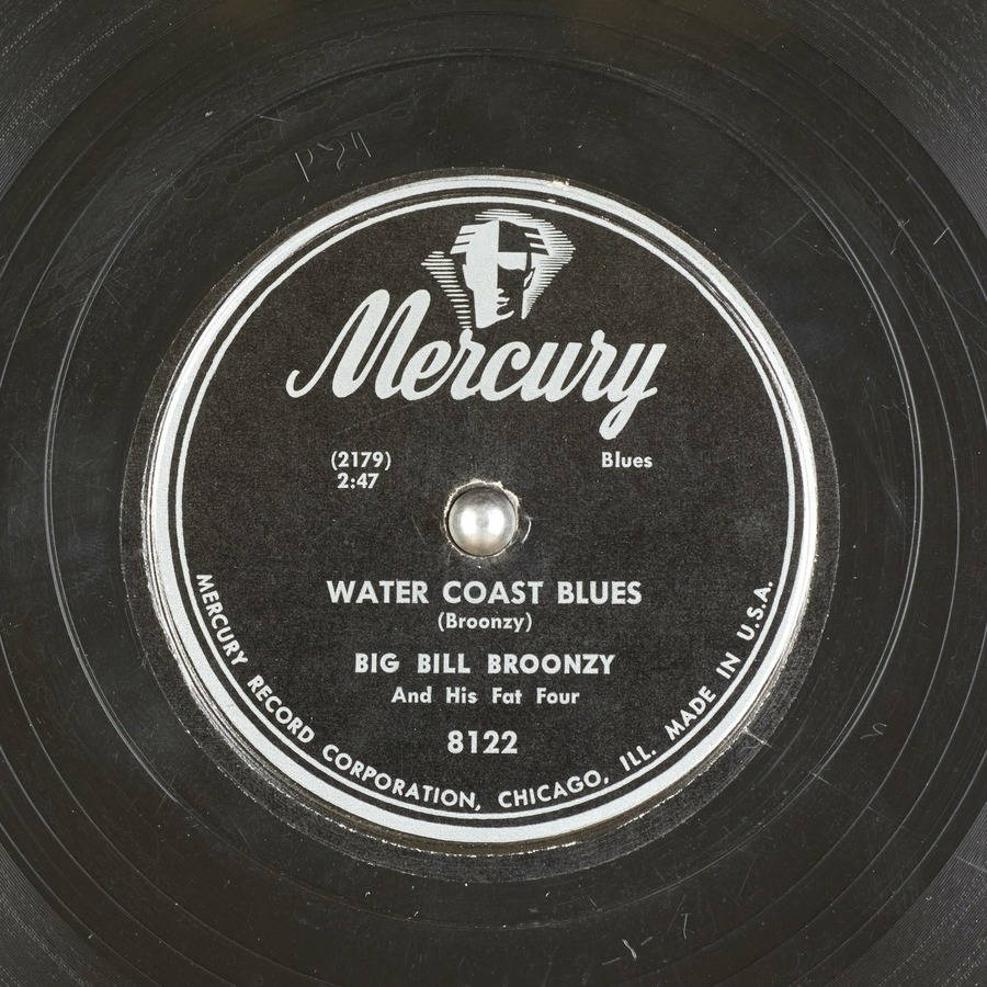 Big Bill Broonzy《Mercury Water Coast Blues》音樂唱片 壁紙 — Big Bill Broonzy的《Water Coast Blues》的復古Mercury Records黑膠唱片標籤特寫，顯示磨損和經典字體。