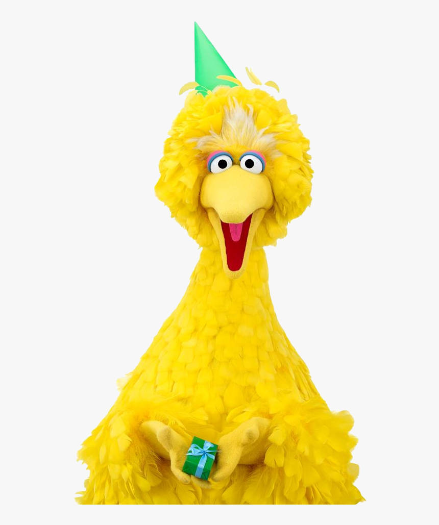 Big Bird 生日快樂 壁紙 — 芝麻街的 Big Bird 戴著綠色派對帽，手持一個小包裝禮物，表情喜悅。
