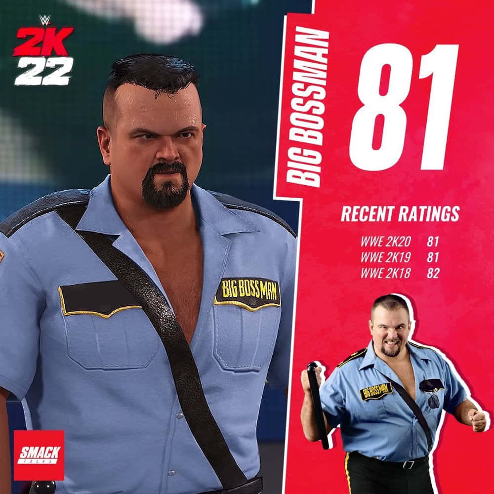 身穿藍色制服的WWE摔角手Big Boss Man，以及顯示得分81的遊戲評分卡。