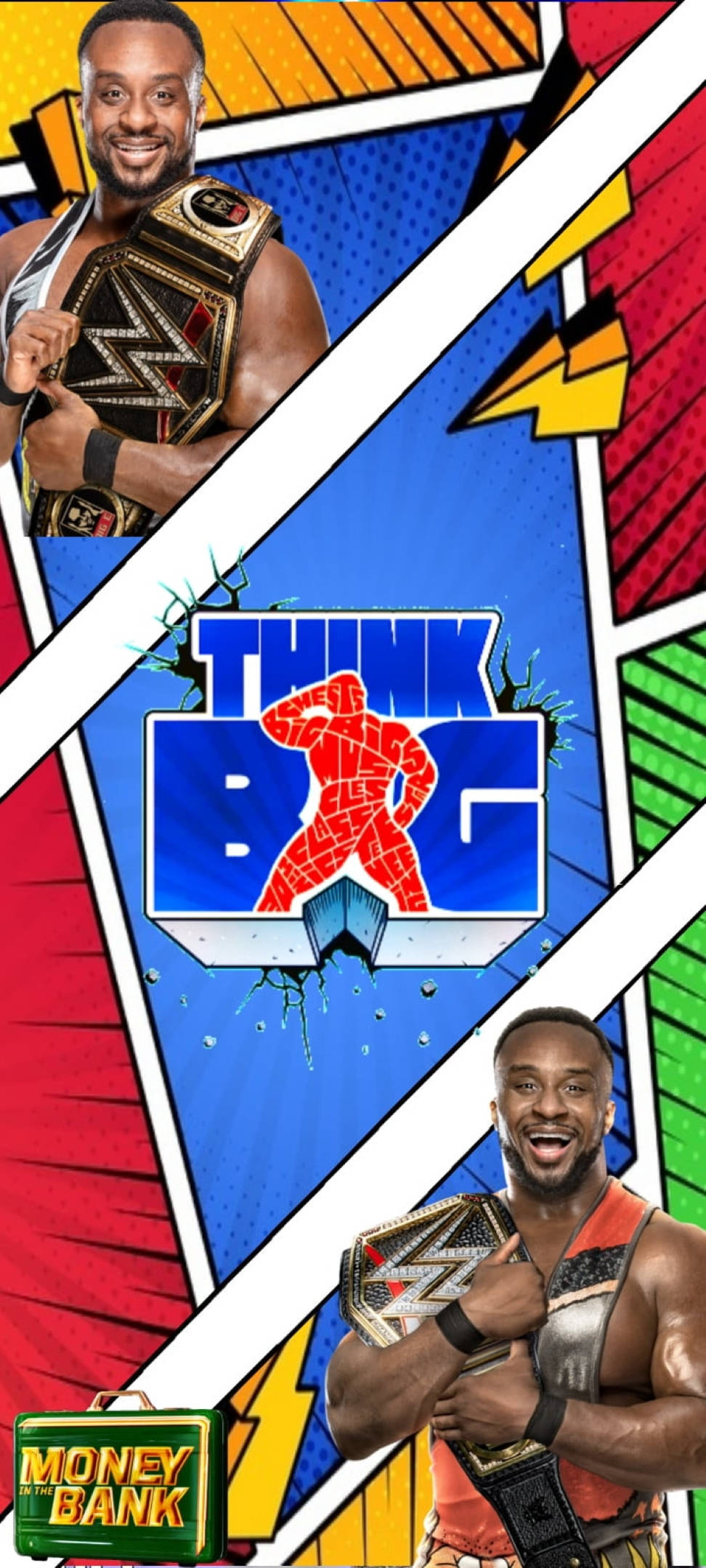 Big E Think Big 粉絲藝術 壁紙 — 一位摔角手戴著冠軍腰帶，在充滿活力的漫畫風格背景前自信微笑，背景有醒目的幾何形狀和「Think Big」標誌。