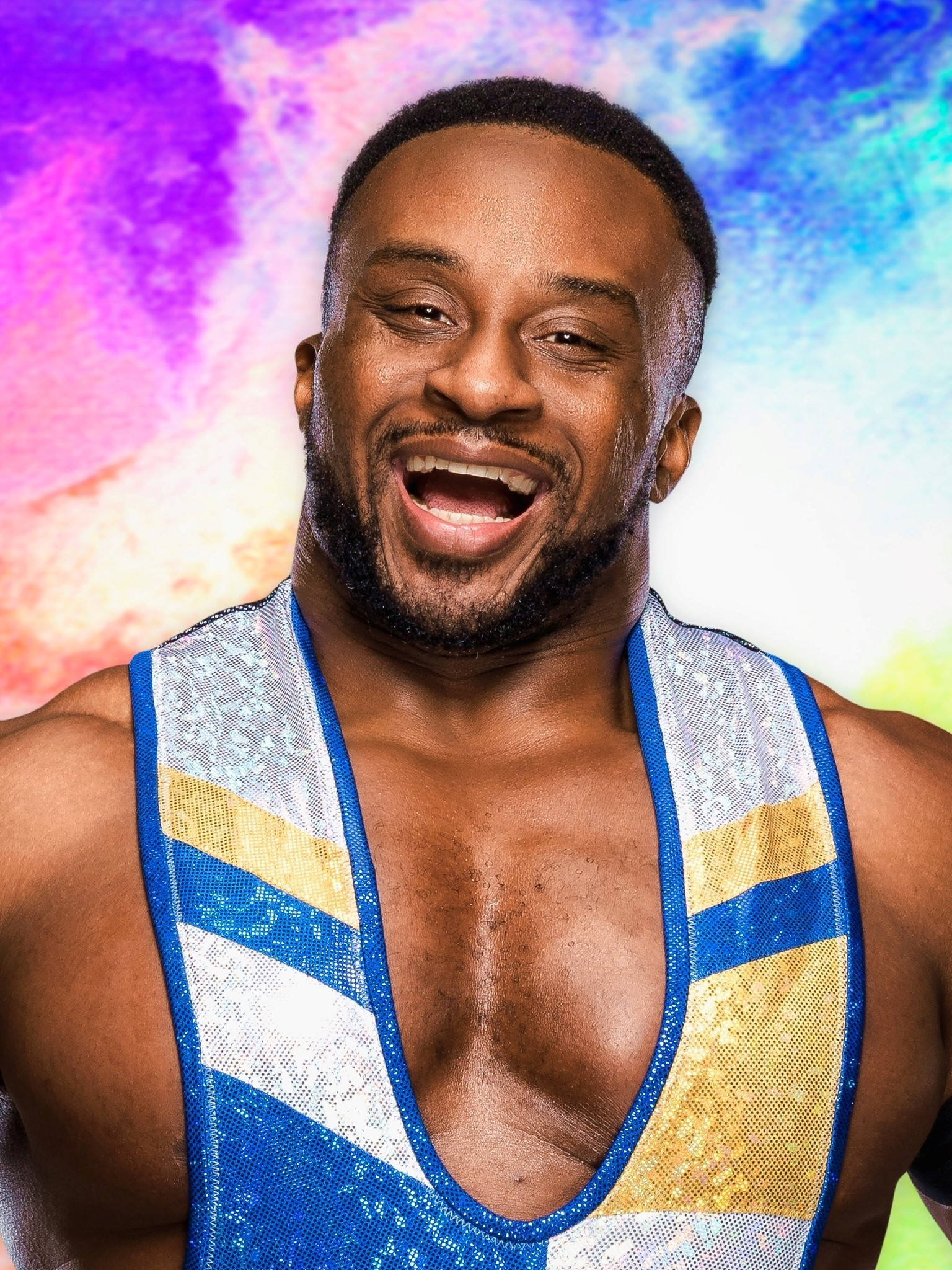 Big E 的 Pastel 與閃耀藝術 壁紙 — 一位身穿藍、金、白色閃片緊身衣的歡樂摔角手，在充滿活力的宇宙背景下開懷大笑。