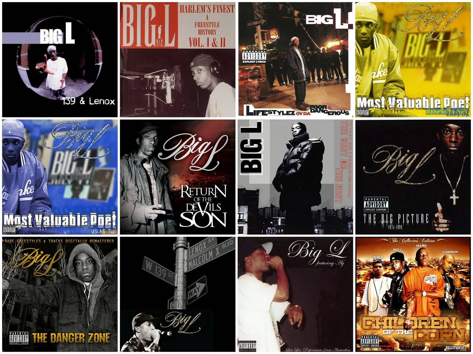 Big L 專輯精選拼貼 壁紙 — Big L 專輯封面的拼貼，包含城市街景、錄音室照片和粗獷的城市背景，搭配大膽的字體設計。
