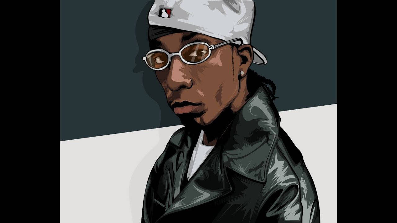 Big L 紀念藝術圖像 壁紙 — 一個風格化的數位插圖，描繪一名戴白色鴨舌帽和太陽眼鏡、身穿黑色皮夾克的男子，背景為灰色和白色分割。