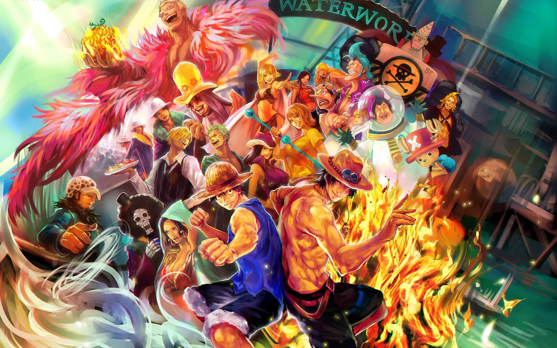 《海賊王》路飛與BIG MOM的驚天對決 壁紙 — 來自《One Piece》的鮮豔動漫角色在發光的天空下動態地聚集在熾熱的爆炸周圍。