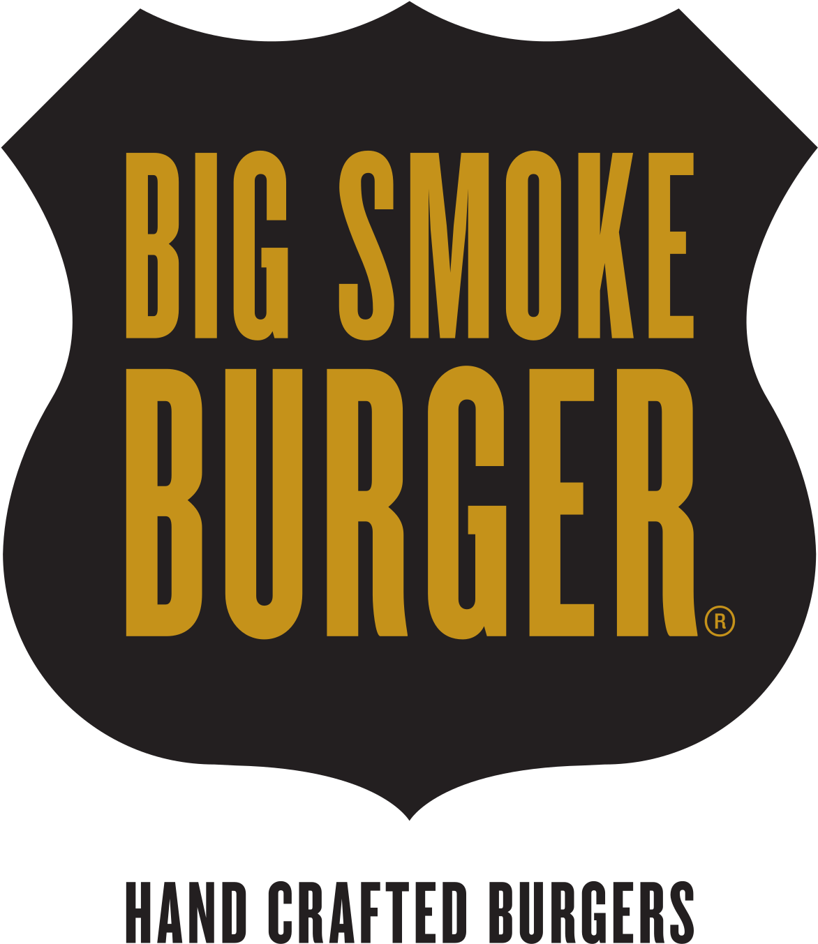 Big Smoke Burger 商標 壁紙 — 粗體金色文字在深色盾牌形標誌上寫著 big smoke burger，並附有手工漢堡標語。