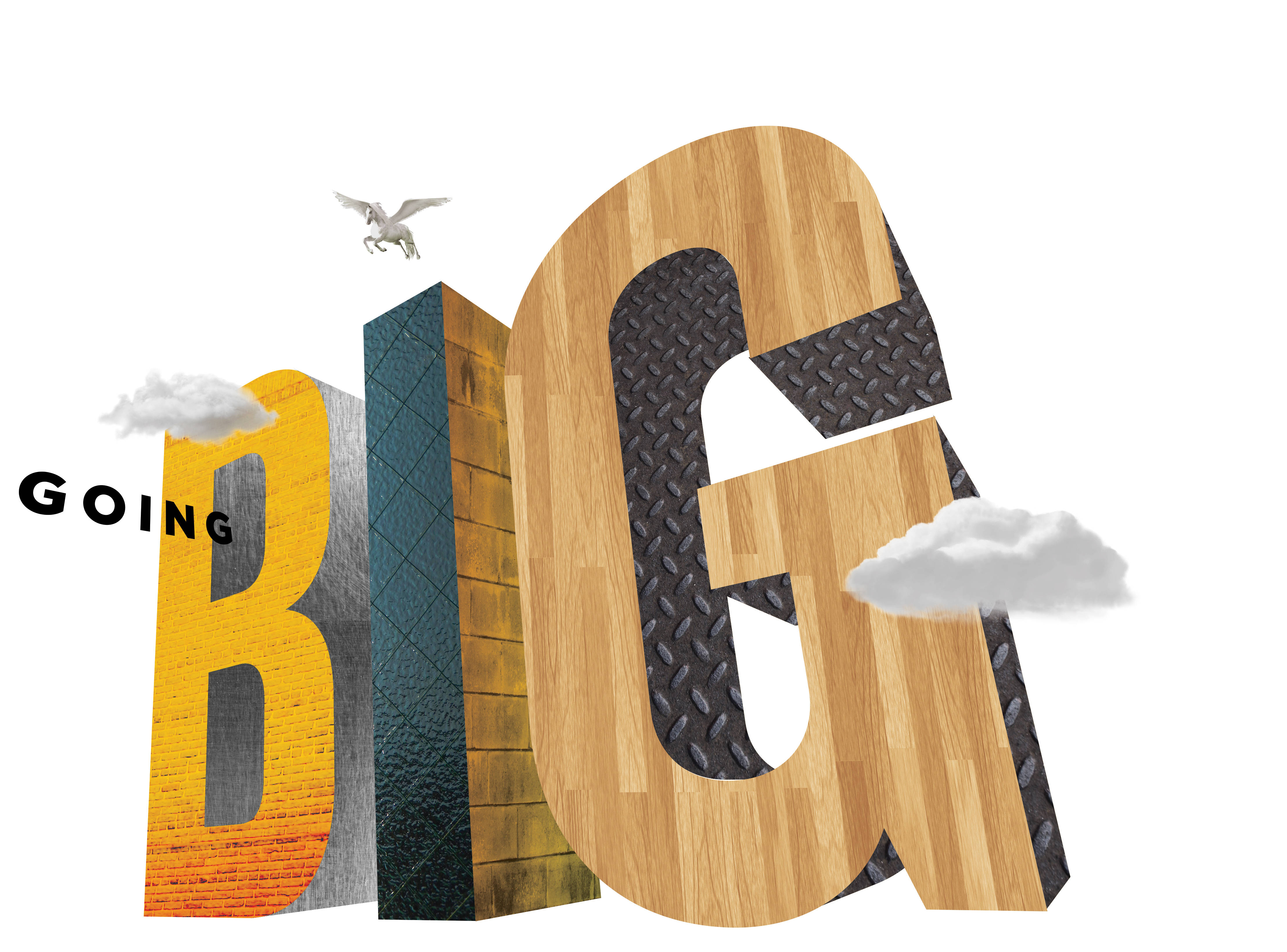 Going Big 壁紙 — 「BIG」呢個詞用粗體3D字母寫成，帶有木、金屬同磚等唔同質感，上面有飛鳥同雲。