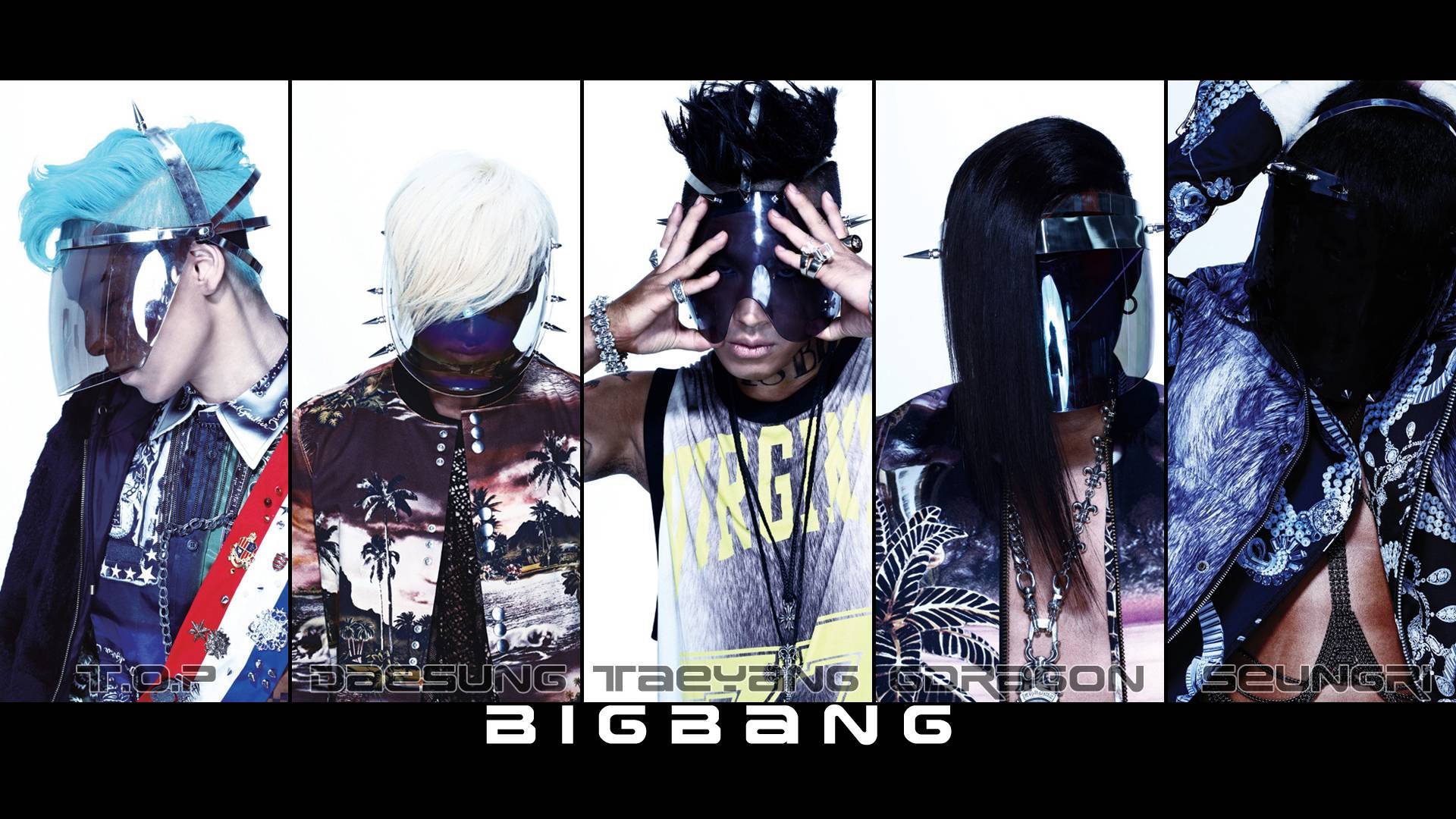 Bigbang K-pop 未來感面具海報 壁紙 — 五位戴著面具的K-pop偶像，穿著大膽的未來風格裝備，在純白背景前擺姿勢，擁有鮮豔的髮色和時尚配飾。
