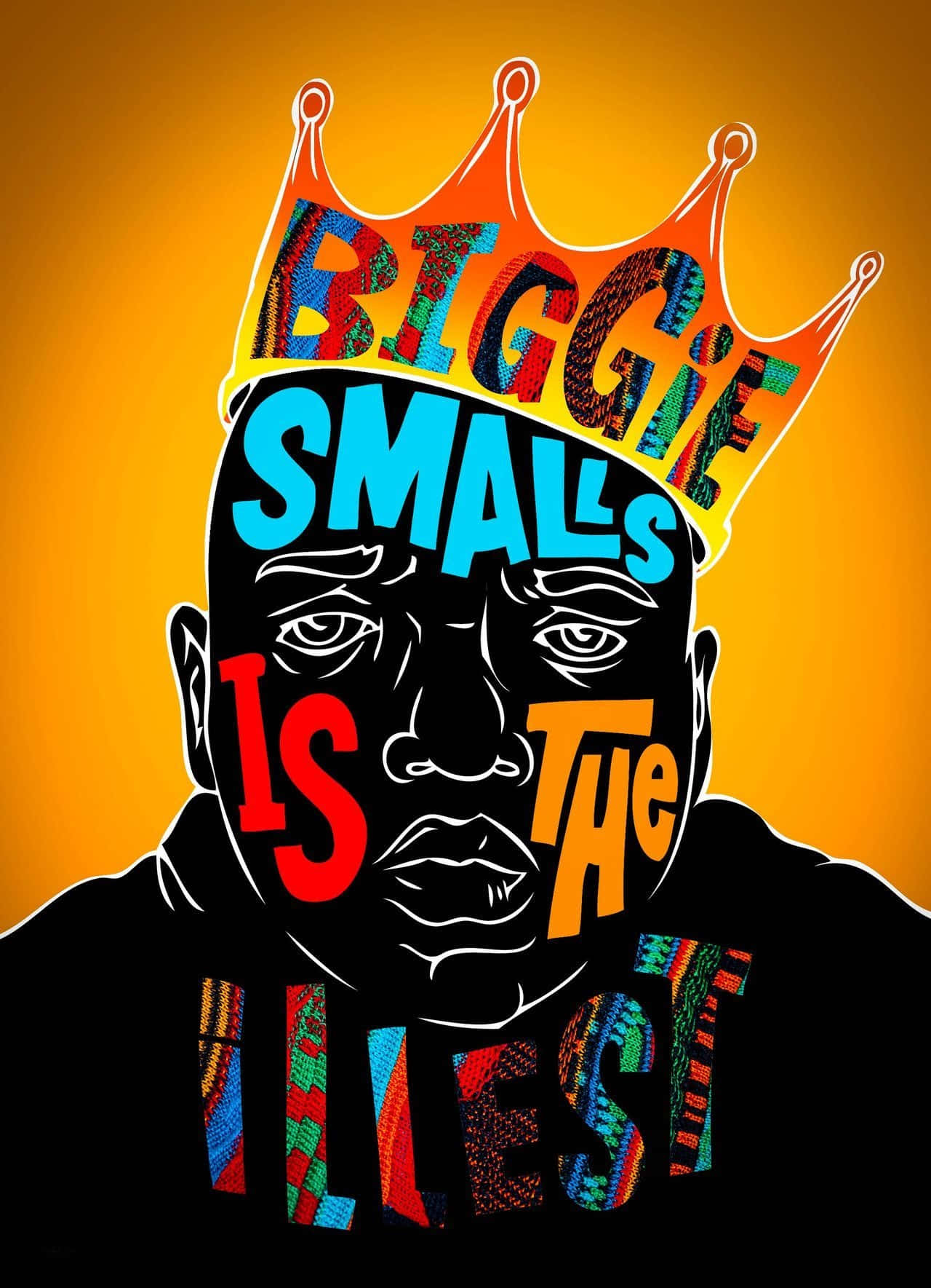 Biggie Smalls 最強王者 壁紙 — 大膽的圖形插圖，Biggie Smalls 戴著皇冠，文字拼出他的名字和「THE ILLTEST」，背景為鮮豔的橙色。