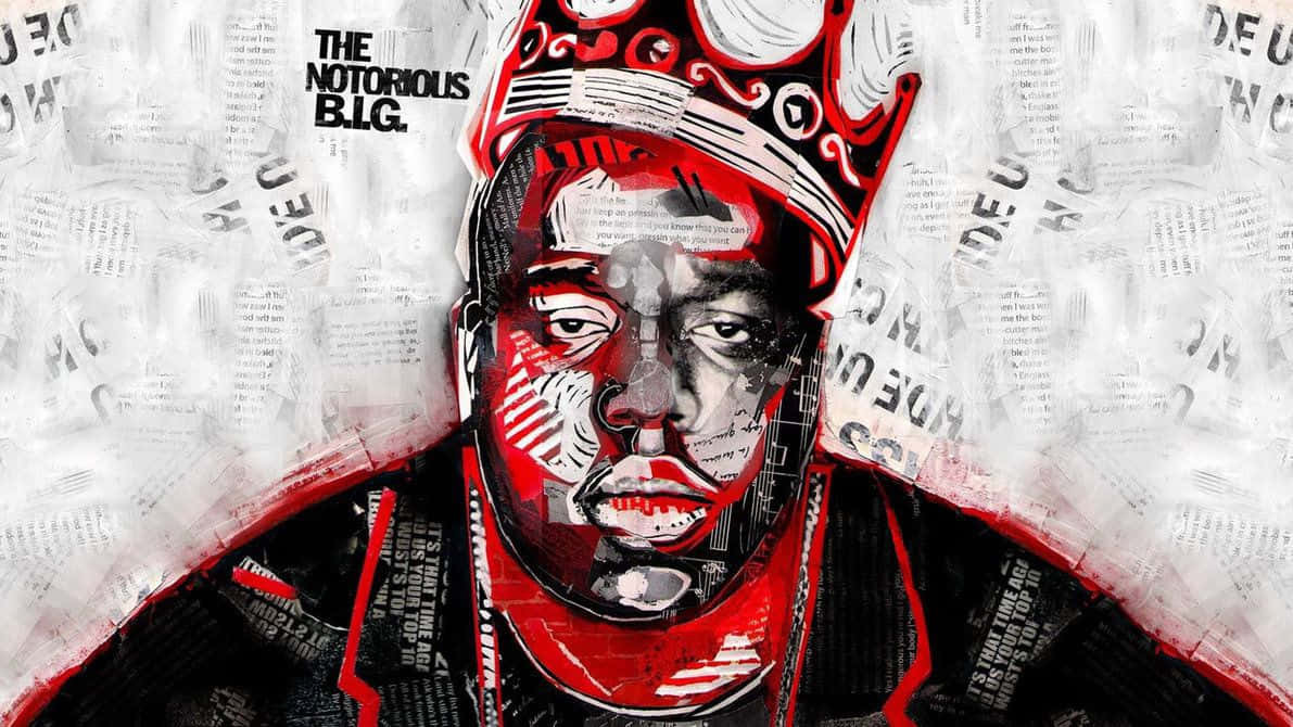 The Notorious B.I.G. 的肖像，戴著紅色皇冠和報紙背景。