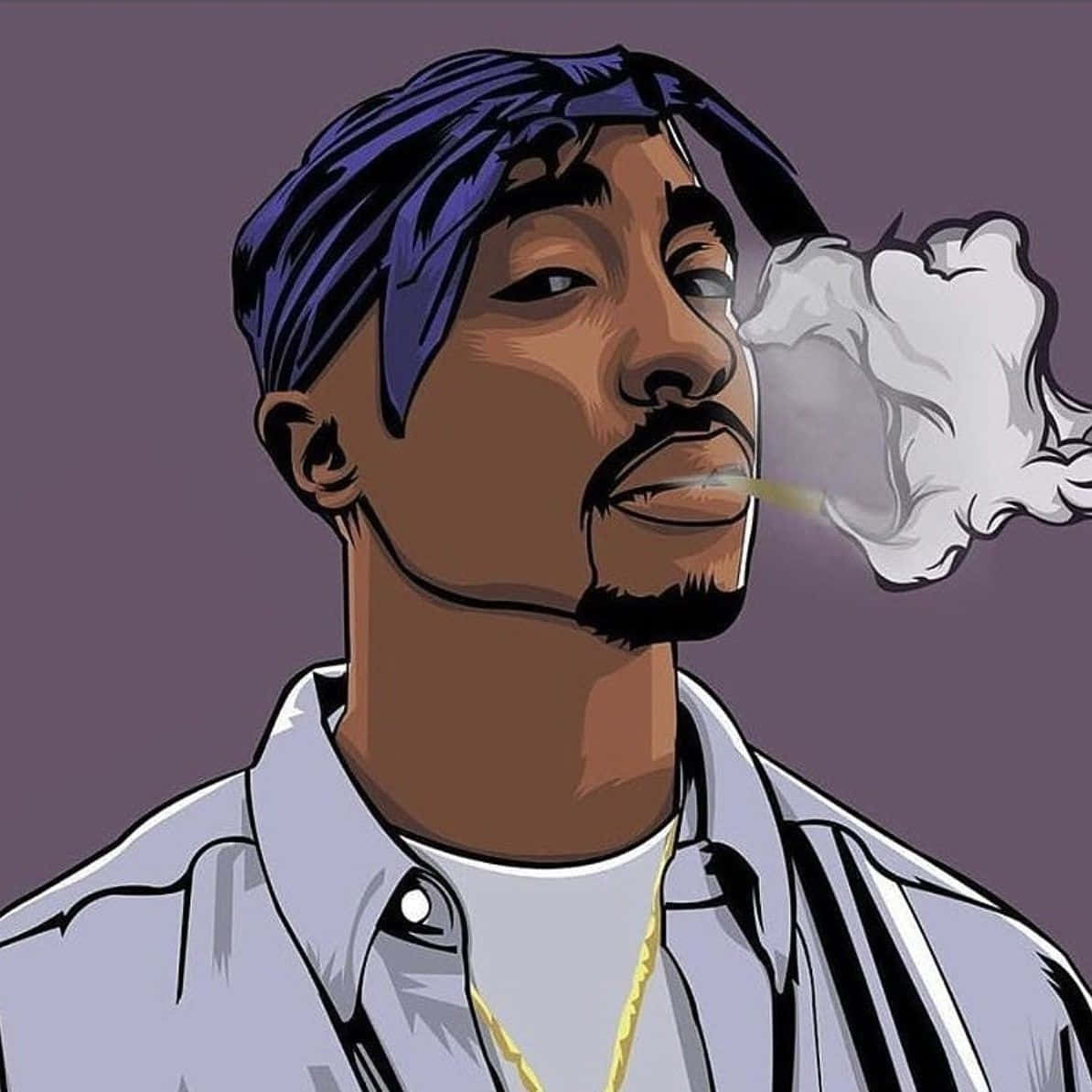 卡通說唱歌手Biggie & Tupac 壁紙 — 一幅風格化的插圖，描繪Tupac Shakur戴著紫色頭巾和金鏈，在柔和的紫色背景前呼出煙霧。