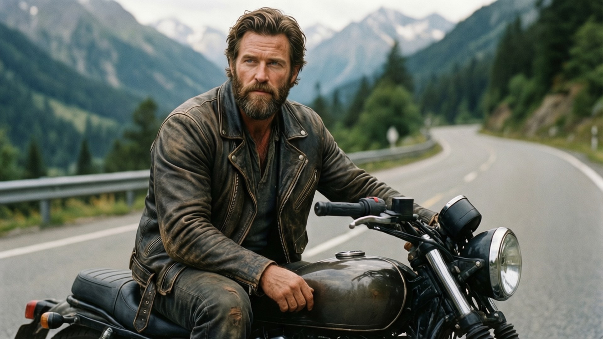 Biker Spirit 壁紙 — 一個留鬍鬚的男人穿著破舊的皮褸，坐在一輛經典電單車上，位於蜿蜒的山路上，背景是白雪覆蓋的山峰和茂密的森林。