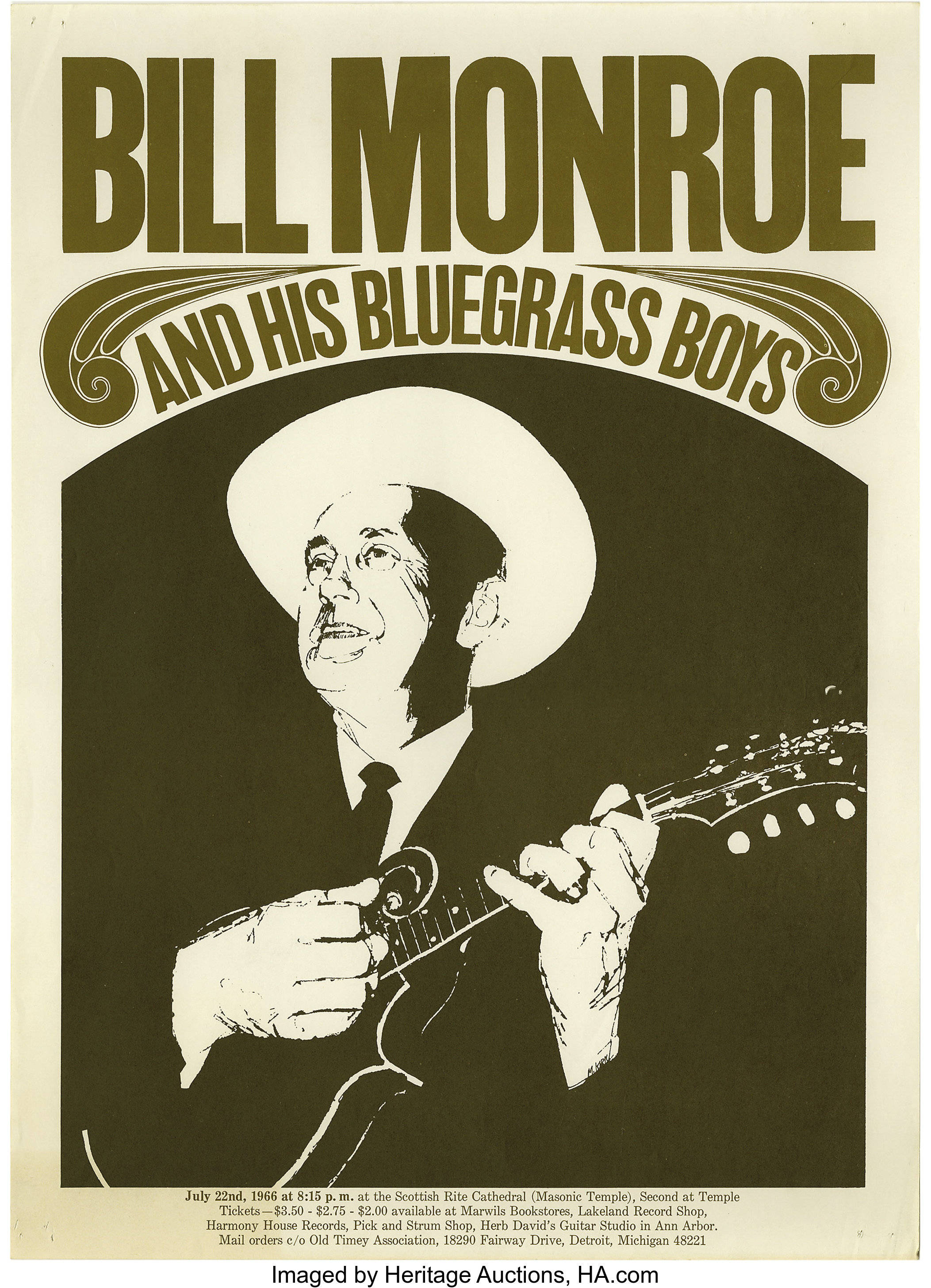 Bill Monroe 及其藍草樂隊 1966 年現場演出 壁紙 — Bill Monroe 彈奏曼陀林的復古海報，採用粗體字體和強烈的黑白對比。