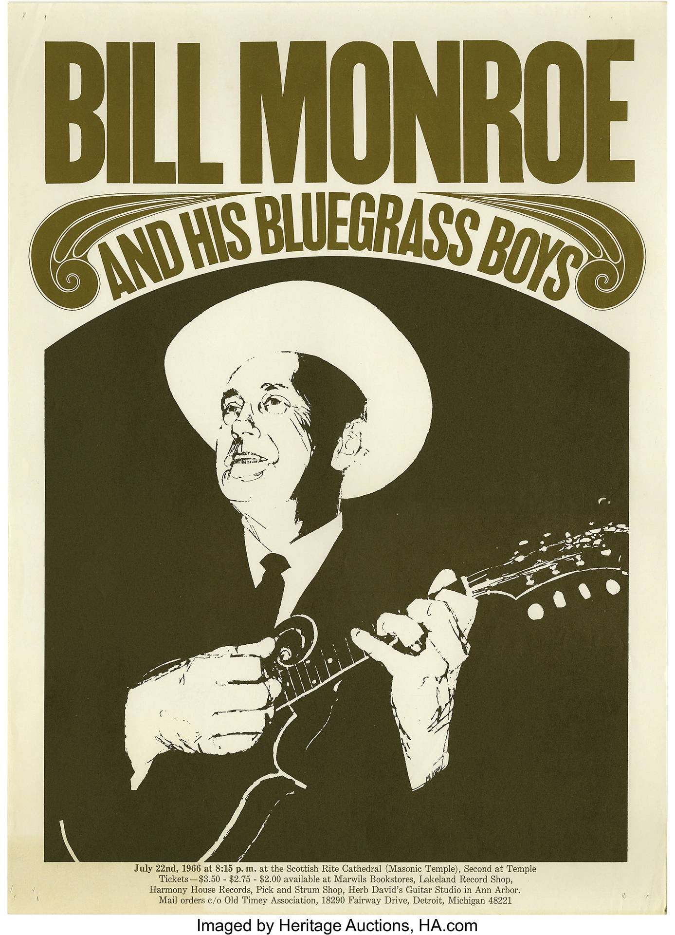 Bill Monroe 和他的 Bluegrass Boys 1966 年 7 月的音樂會海報。