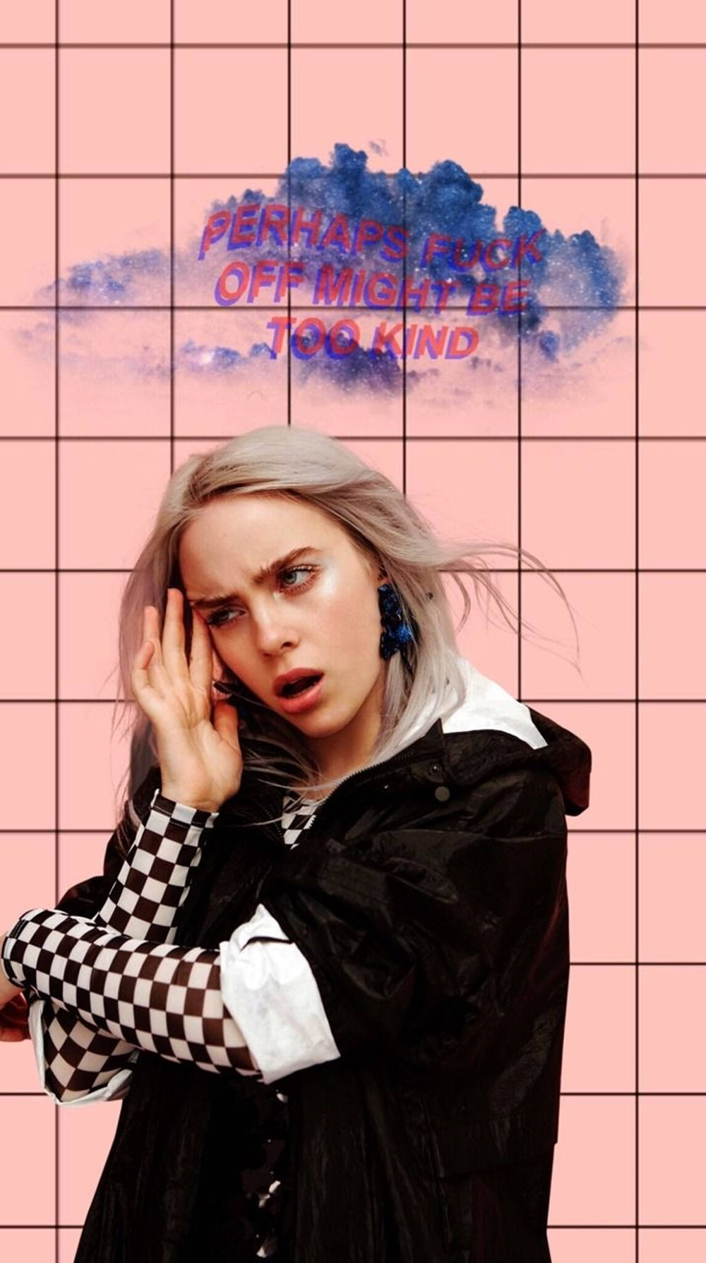 Billie Eilish《Do Me A Favour》粉紅美學壁紙 壁紙 — 一位年輕女性，銀色頭髮，穿著格子袖，在粉紅色網格背景上，有藍色雲朵和粗體文字，凝視著強烈的目光。