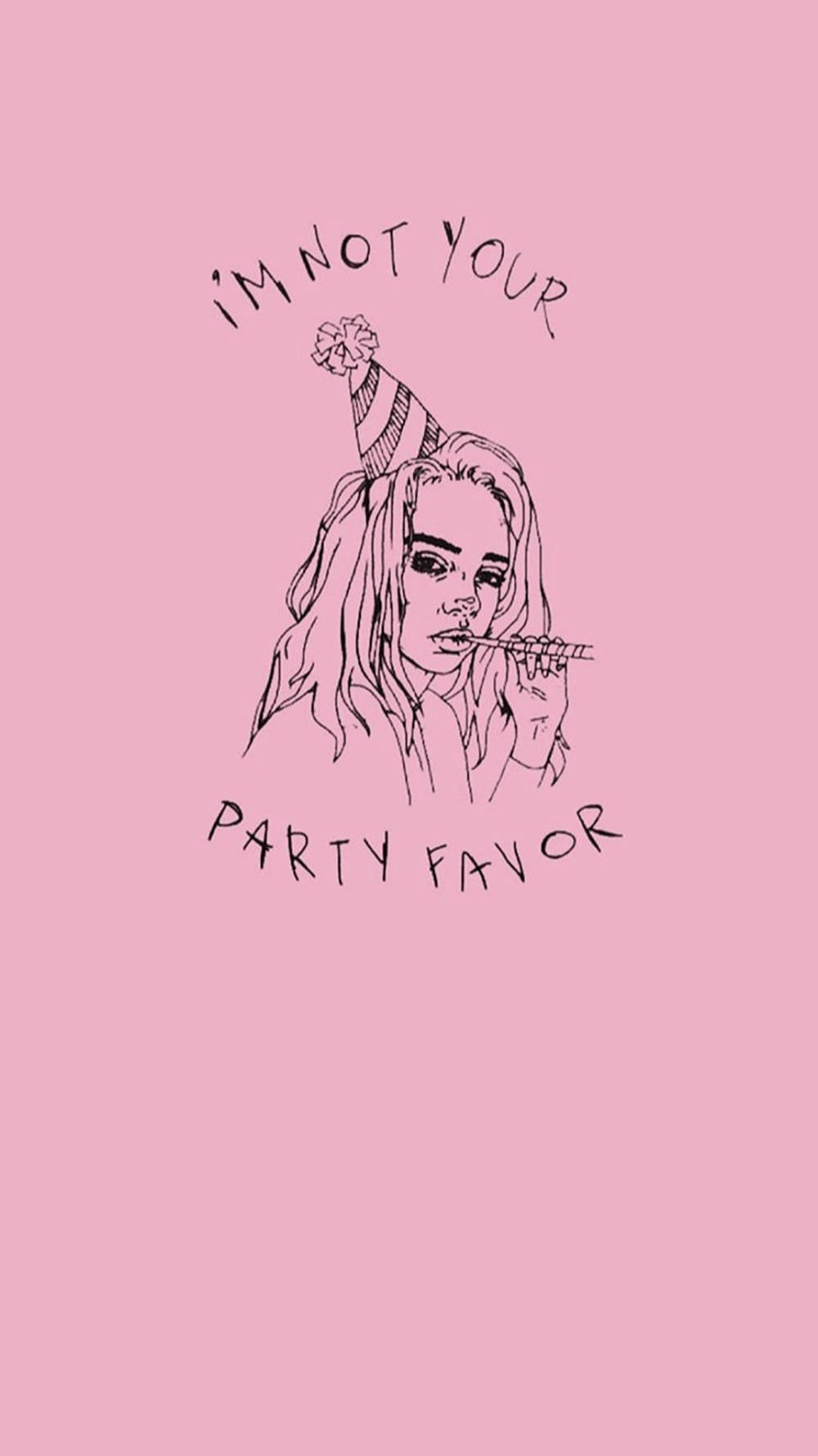Billie Eilish《Party Favor》粉紅美學派對帽壁紙 壁紙 — 一個極簡線條畫，描繪一個戴著派對帽的女孩在純粉色背景上吹哨子，並附有手寫文字。