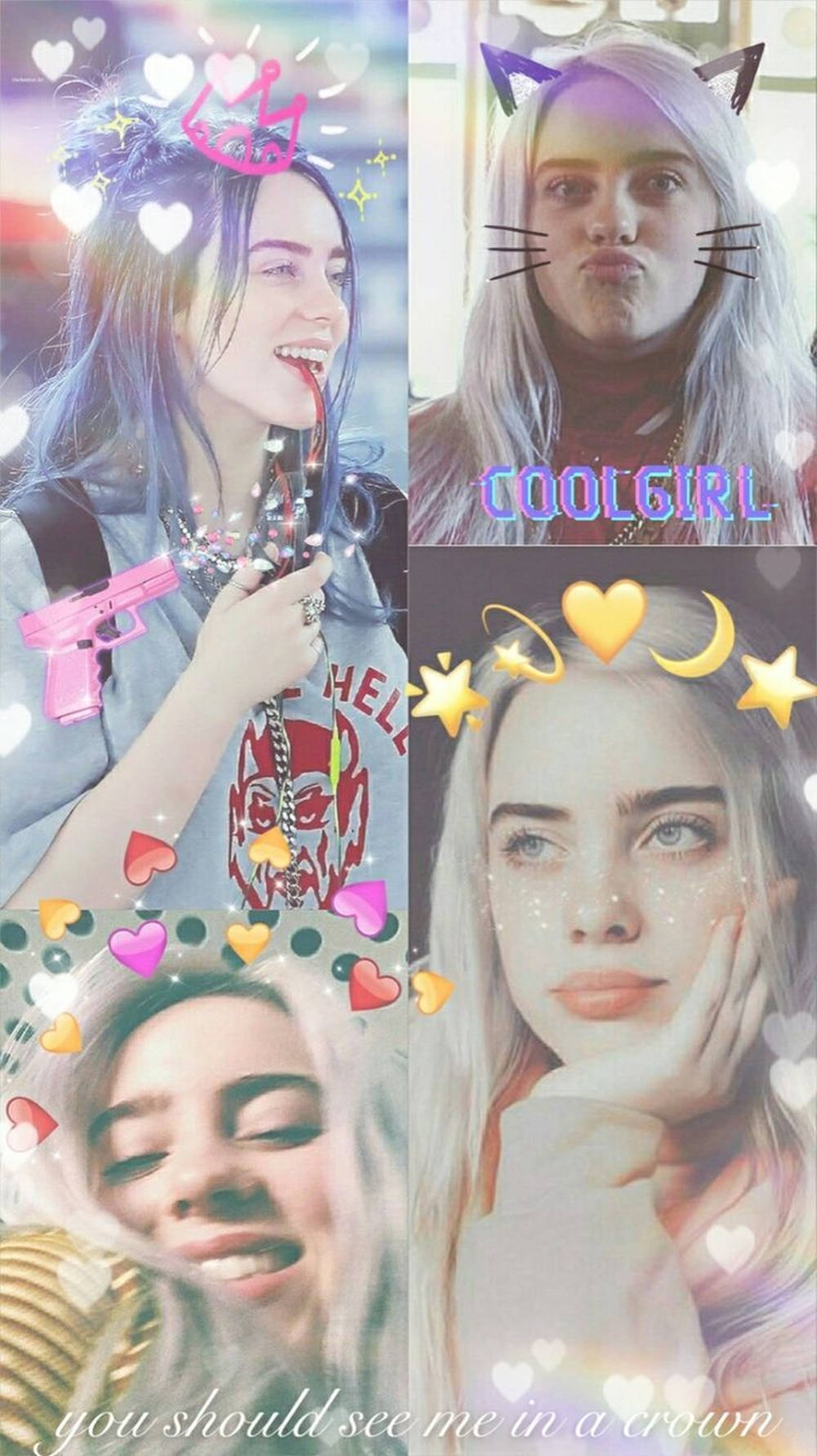 Billie Eilish 可愛美學拼貼畫 壁紙 — 一張 Billie Eilish 的拼貼畫，展現她俏皮的姿勢，並在充滿活力的濾鏡照片上疊加了貓耳、愛心和星星。