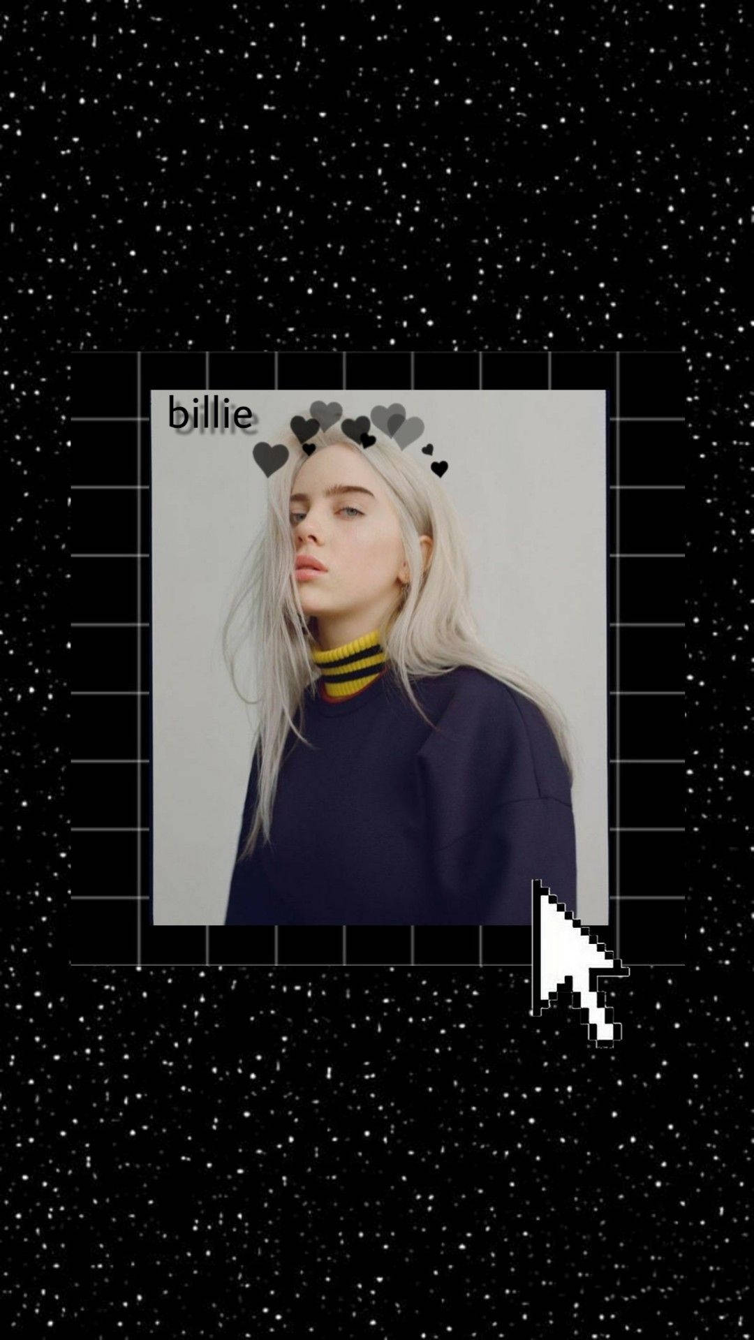 Billie Eilish 星空美學 壁紙 — Billie Eilish 的肖像，由網格框住，背景是星空黑色，並有一個向下指的游標。