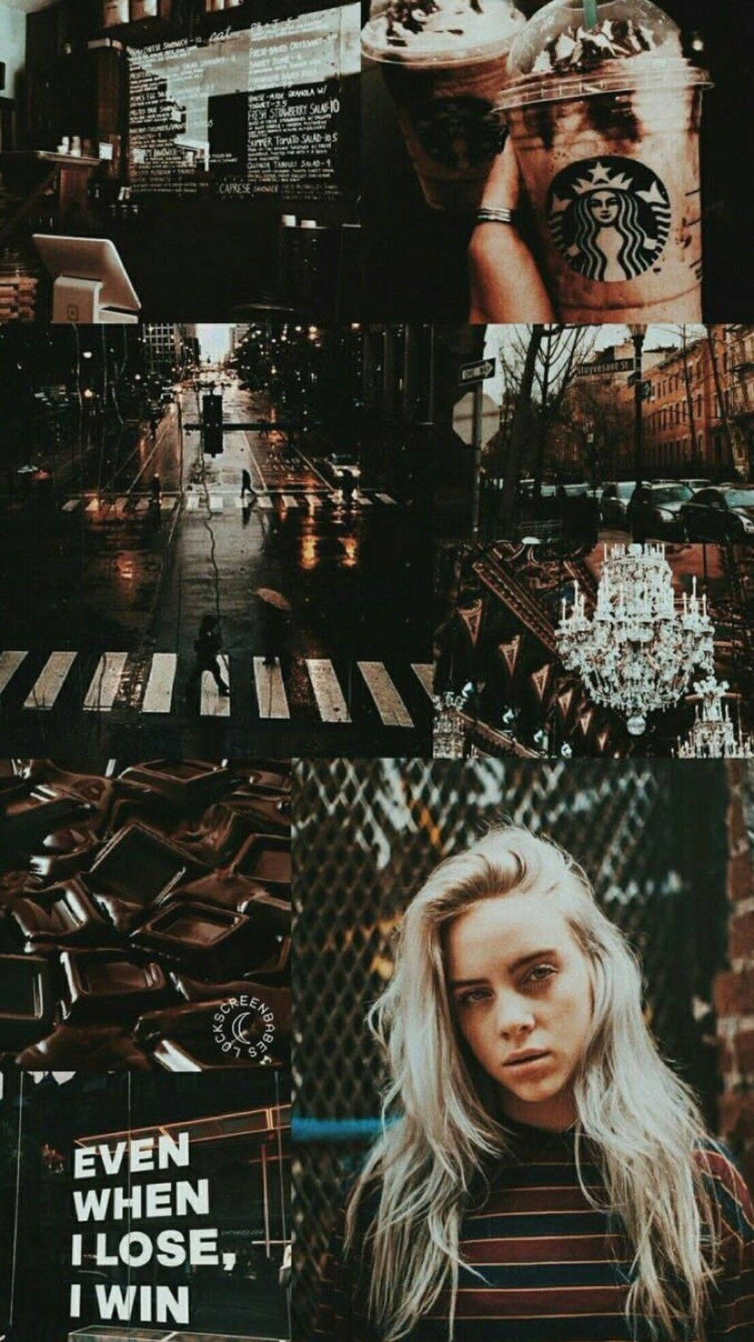 Billie Eilish 民謠美學拼貼畫 壁紙 — 充滿情緒的城市街景、雨反射、咖啡飲品和一位金髮女子帶有挑釁引言的拼貼畫。