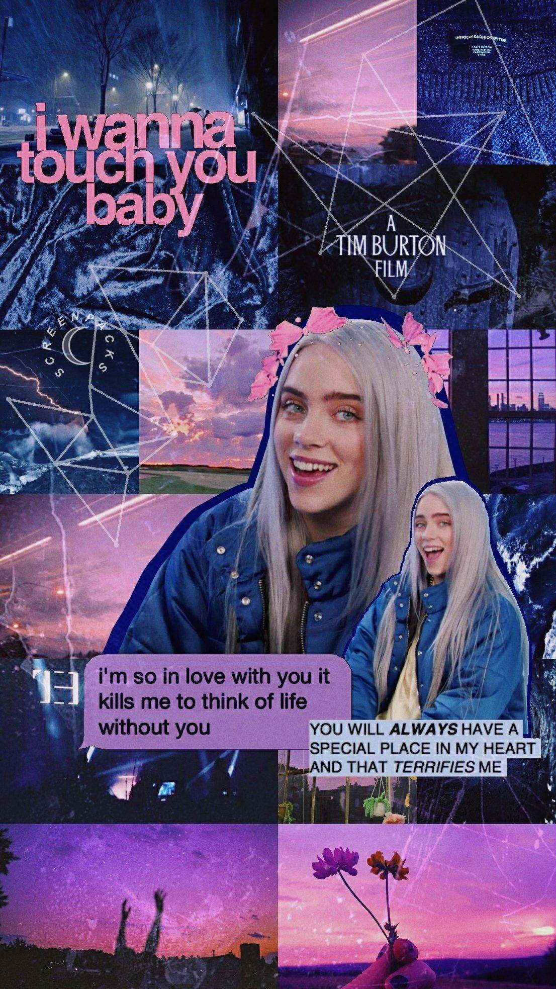 Billie Eilish 紫色美學拼貼 壁紙 — 一張充滿活力的Billie Eilish拼貼畫，帶有紫色天空、幾何疊加和浪漫歌詞，呈現夢幻美學。