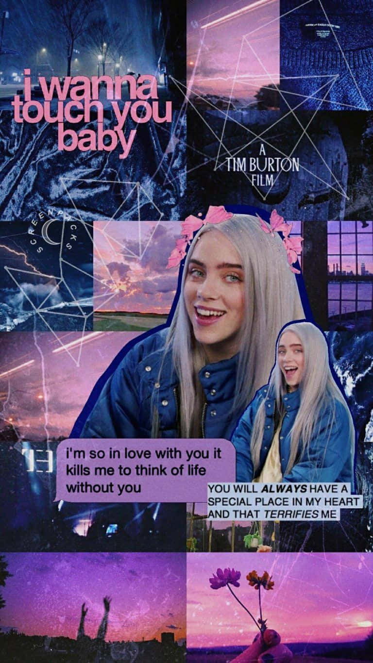 Billie Eilish 拼貼畫，帶有浪漫語錄和紫色日落背景。