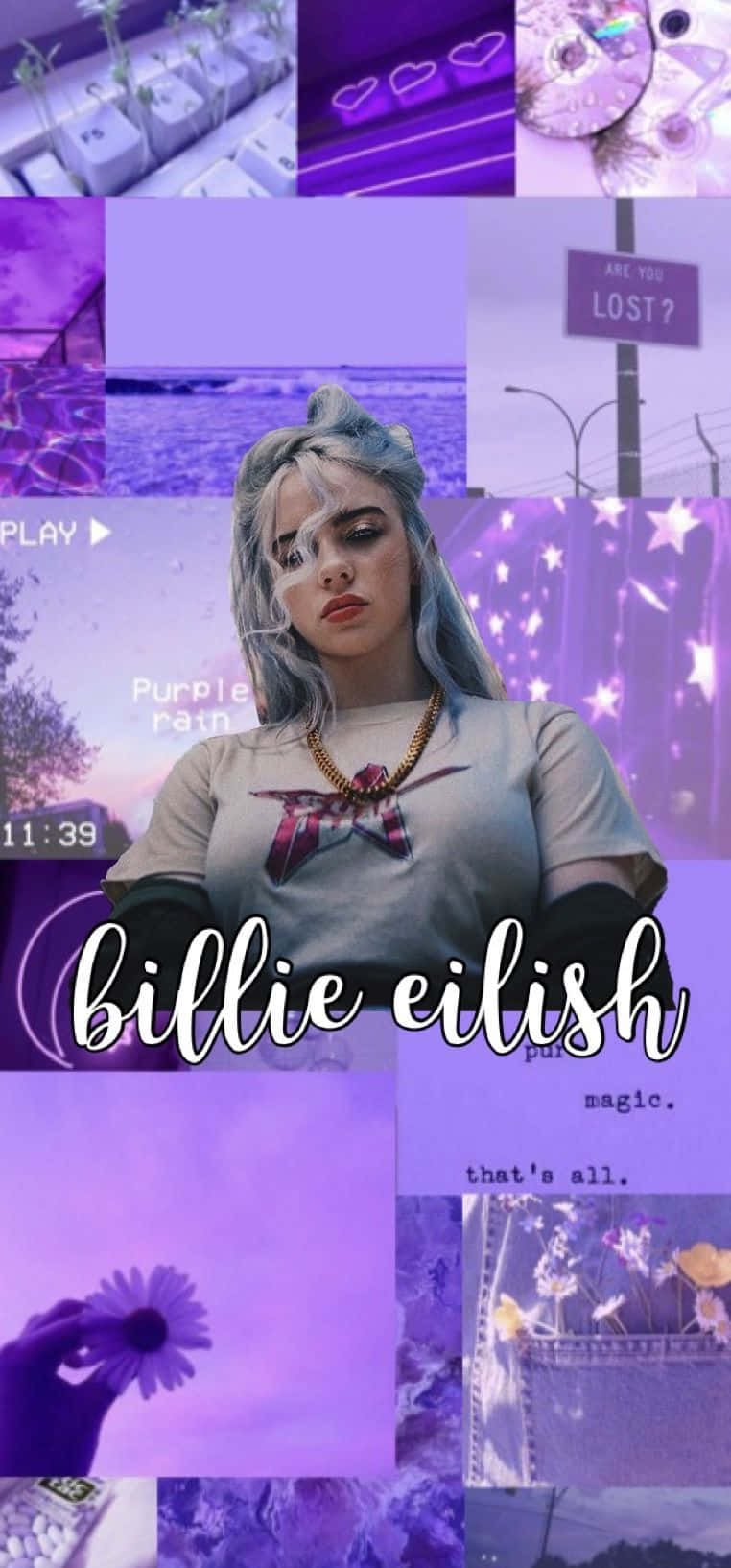 紫色調的拼貼， featuring Billie Eilish，帶有文字疊加和美學元素。