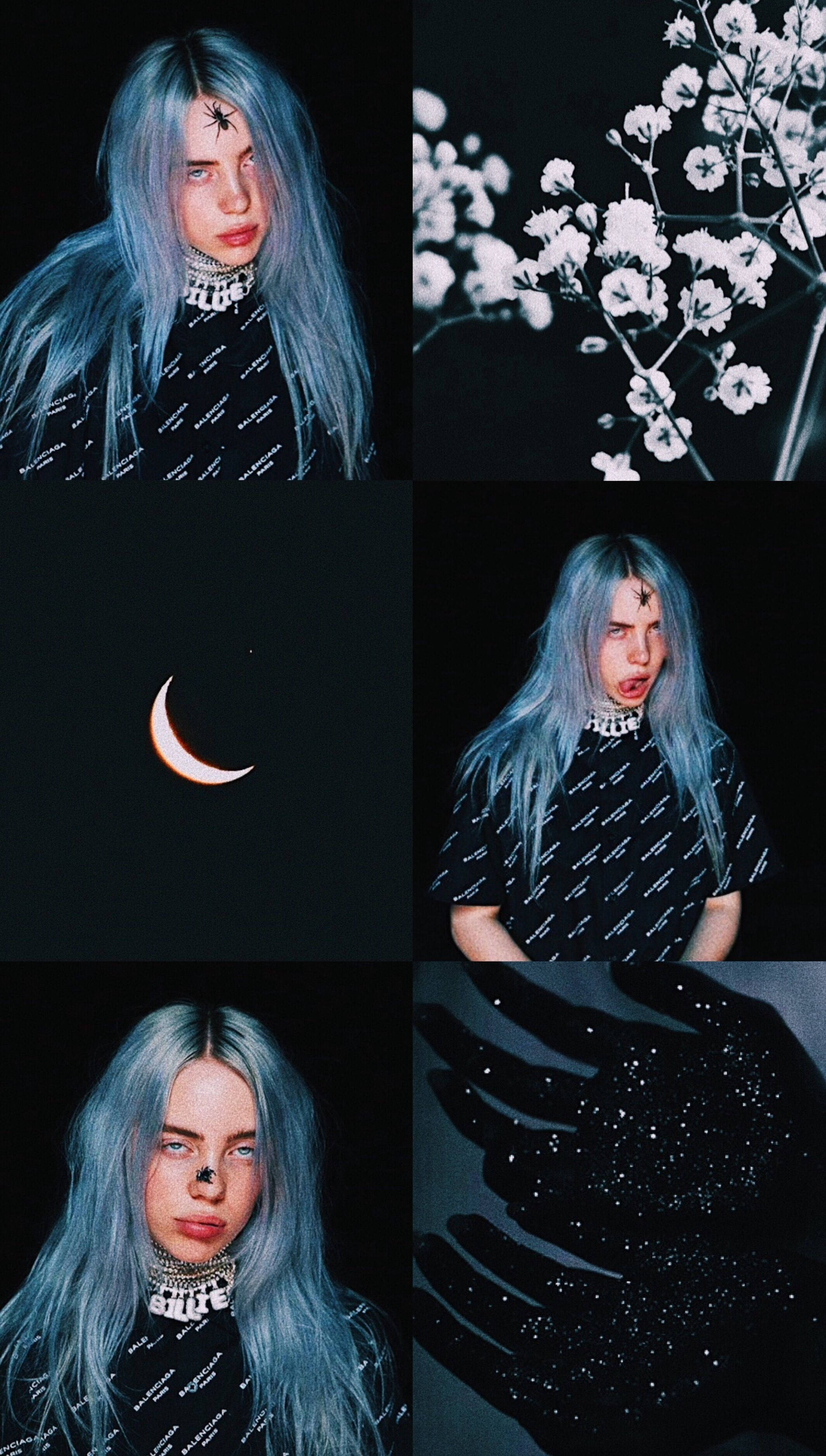 Billie Eilish 黑色美學拼貼畫 壁紙 — 一張情緒化的拼貼畫，Billie Eilish 藍色頭髮和黑色服裝，背景黑暗，有白色花朵和彎月。