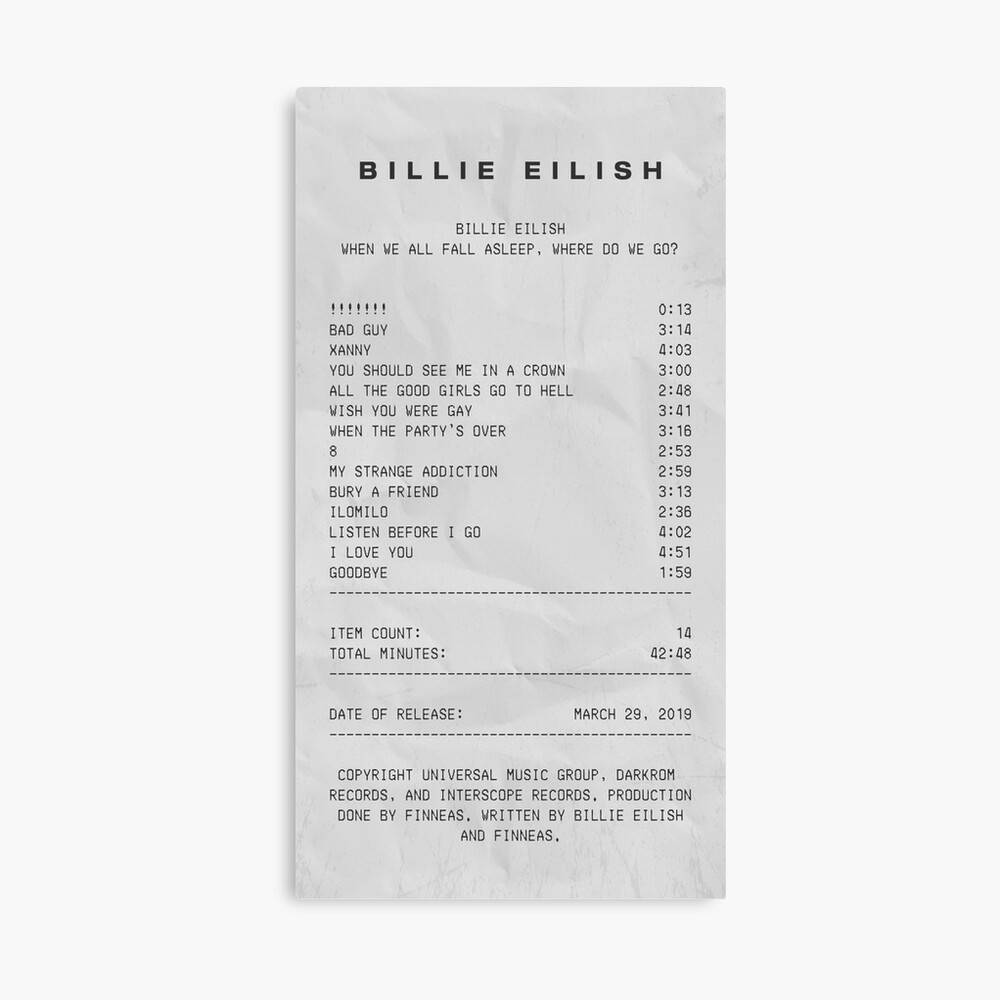 Billie Eilish專輯收據 壁紙 — Billie Eilish《When We All Fall Asleep, Where Do We Go?》的極簡專輯曲目列表海報，印在紋理紙上，採用粗體黑色字體。