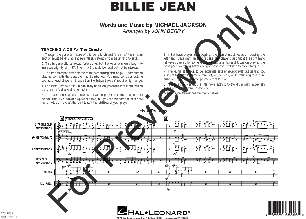 麥可·傑克森《Billie Jean》樂譜 壁紙 — 米高積遜《Billie Jean》嘅樂譜，上面有教學輔助工具同音樂符號，仲有一個大嘅「For Preview Only」水印。