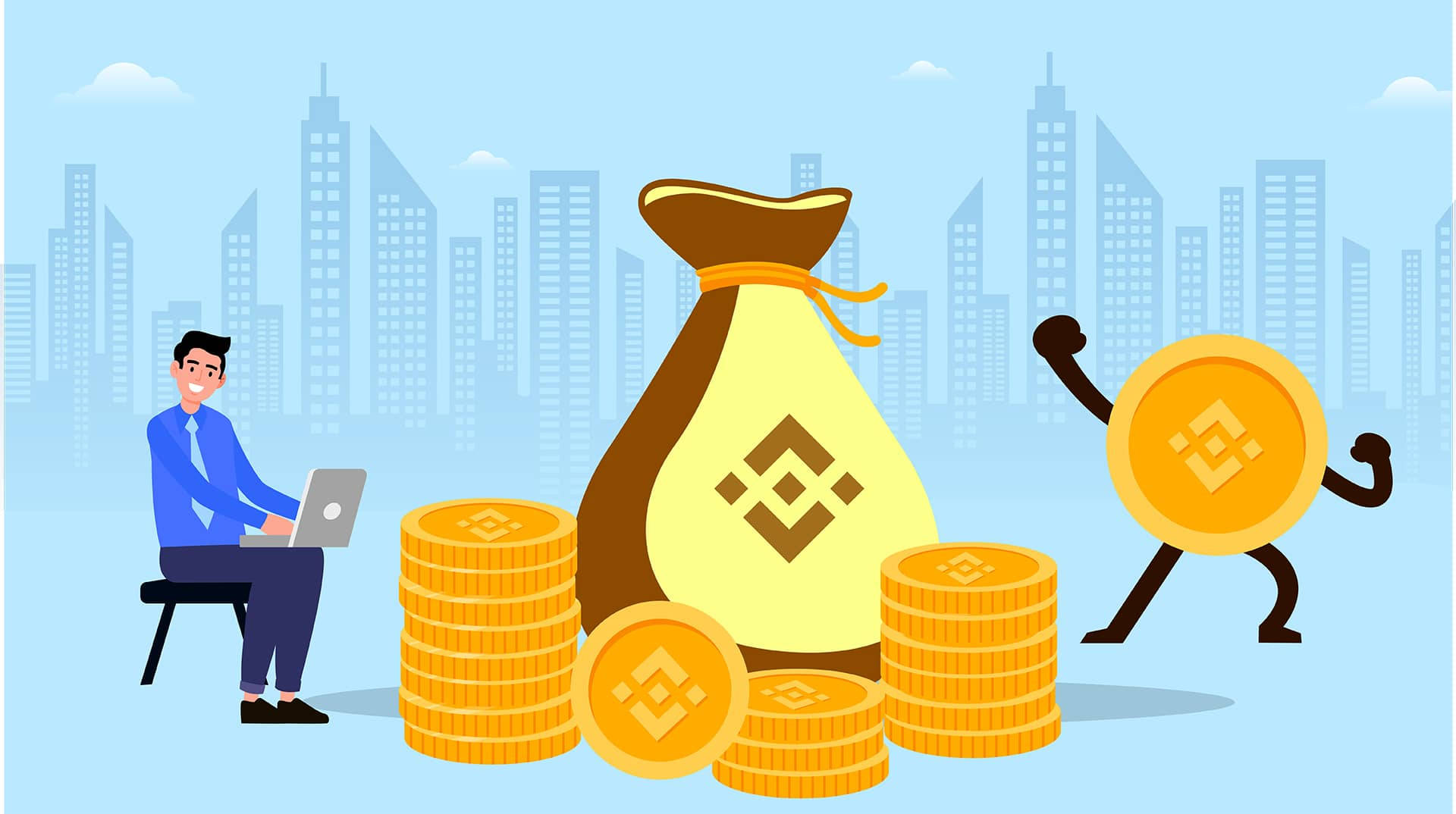 Binance 代幣藝術 壁紙 — 一個卡通商人正在筆記本電腦旁工作，旁邊有堆積如山的比特幣硬幣和一個巨大的錢袋，還有一個肌肉發達的硬幣角色在歡呼。