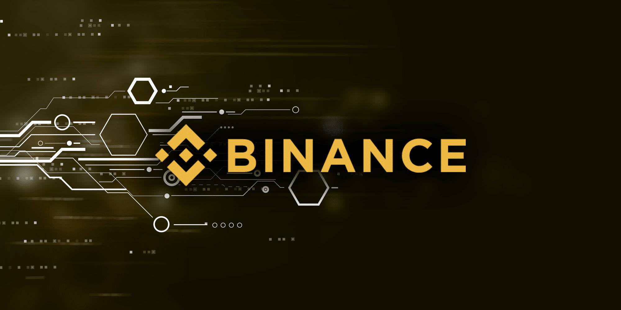 Binance 几何風格 壁紙 — Binance 標誌在深色背景上閃耀金色，帶有發光的電路線和六邊形。